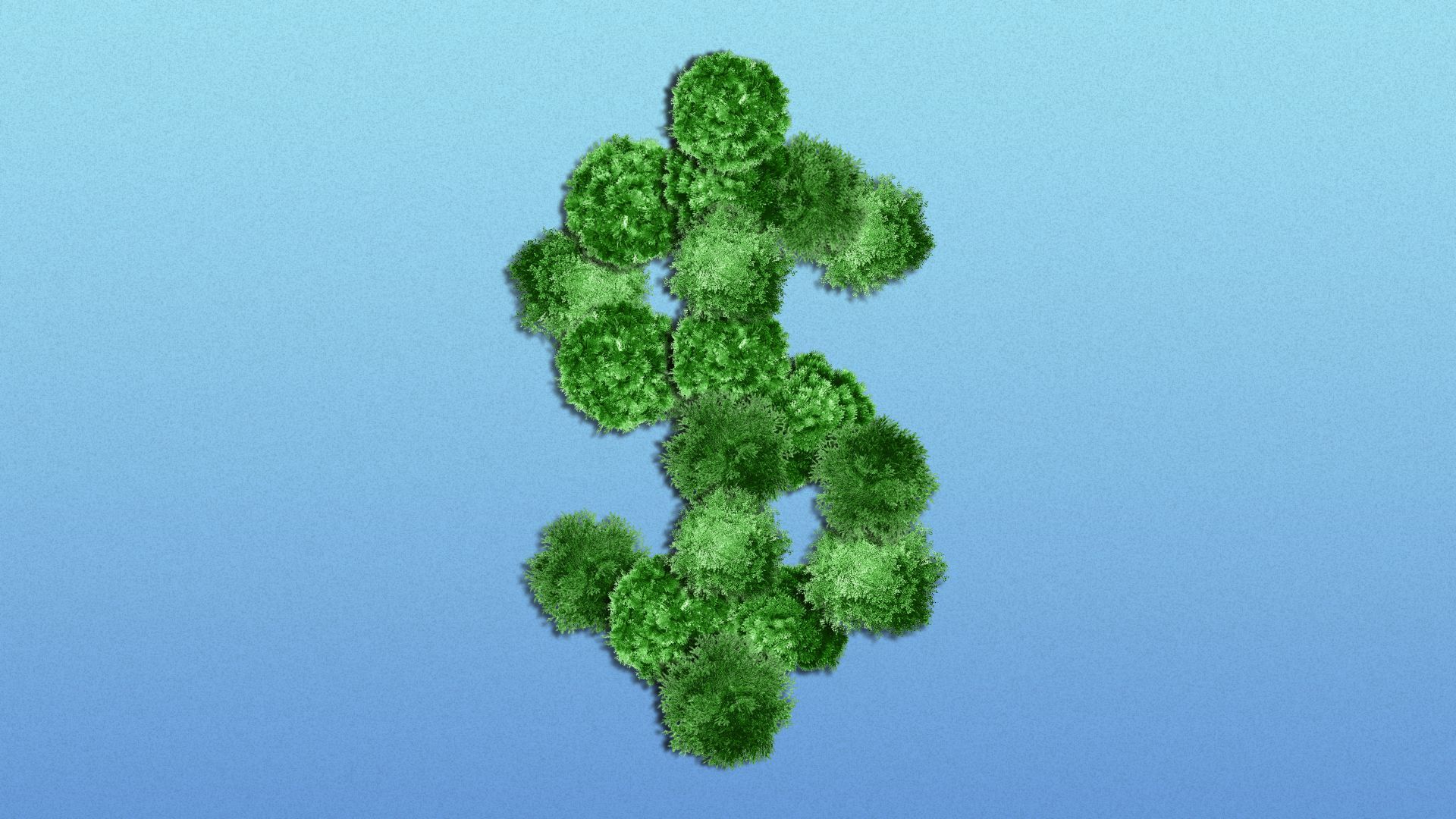 Illustration of an aerial view of treetops in the shape of a dollar sign.