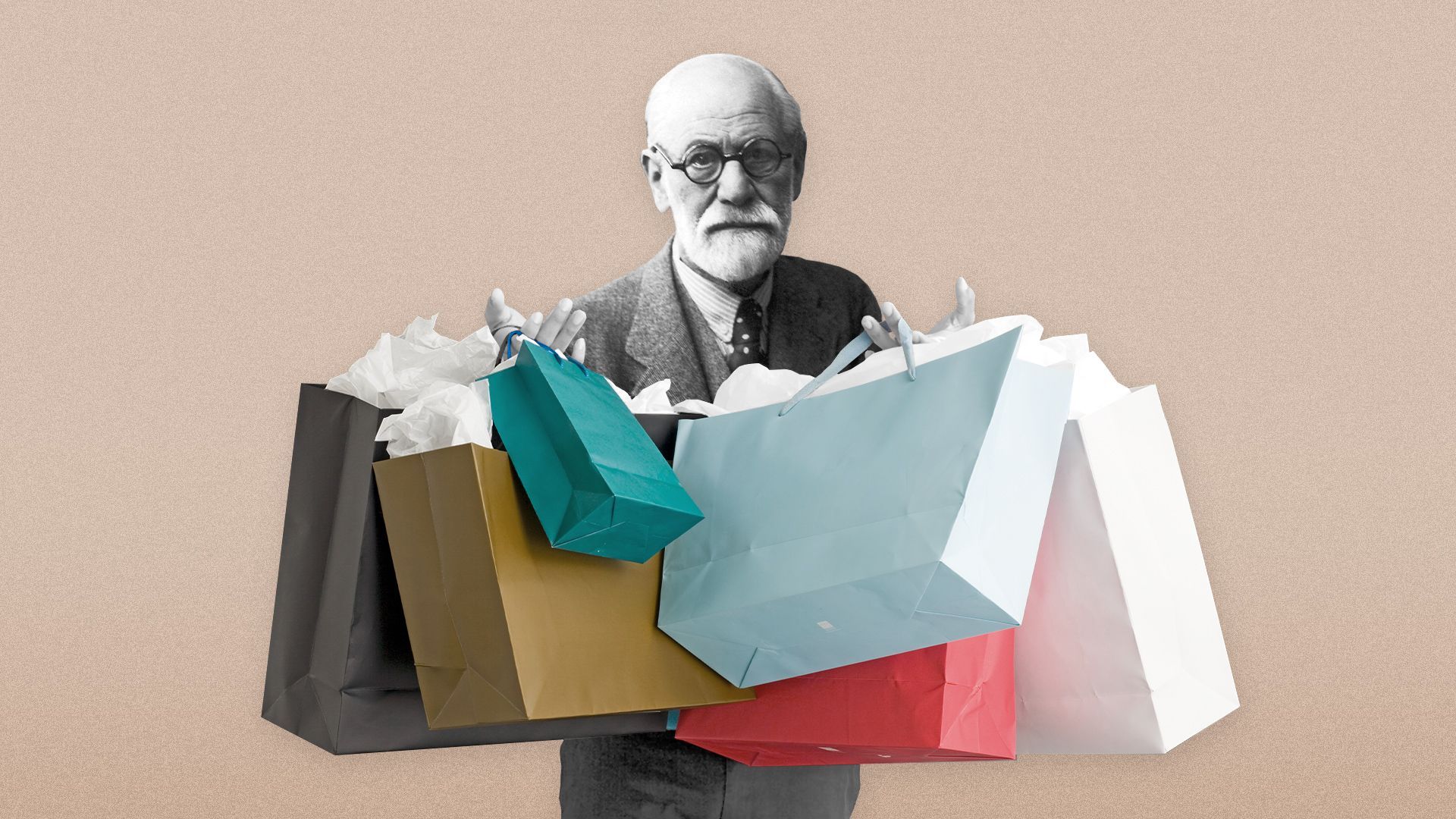 Illustration of Sigmund Freud holding a collection of shopping bags.