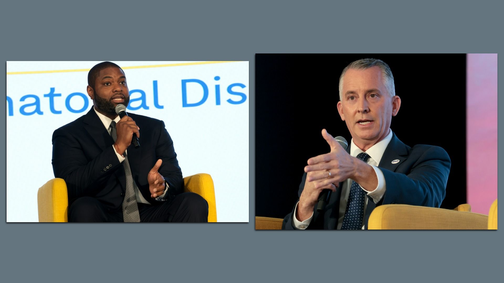 Byron Donalds on the left. David Jolly on the right. Both men are talking into a microphone.