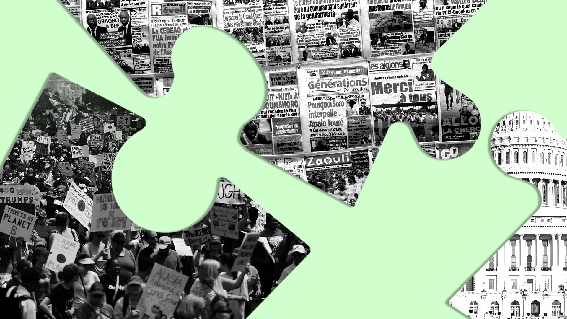 An illustration of puzzle pieces with images of climate protests and newspaper headlines