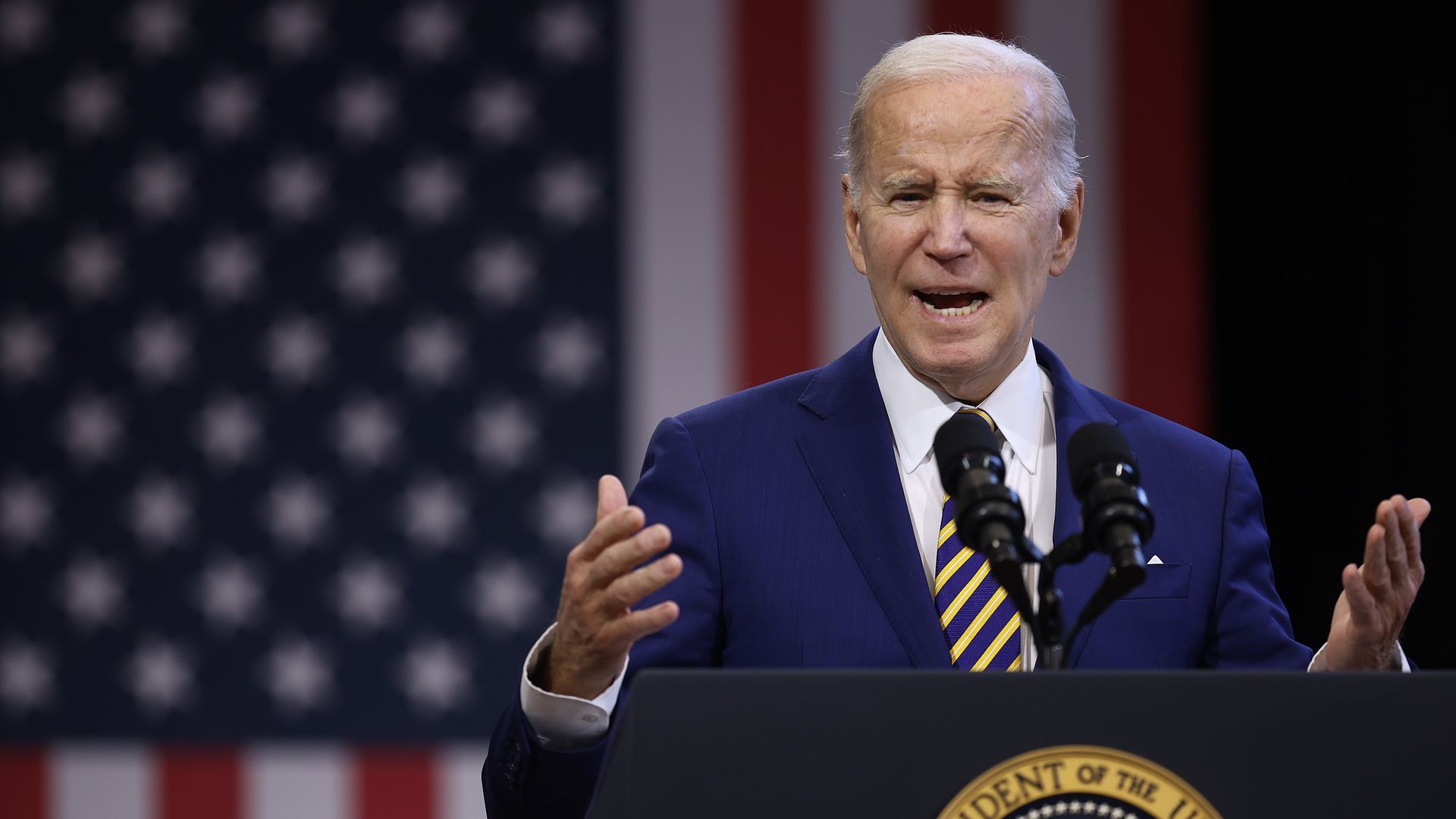 U.S. President Joe Biden delivers remarks at the International Brotherhood of Electrical Workers union Local 26 on February 15, 2023 in Lanham, Maryland.