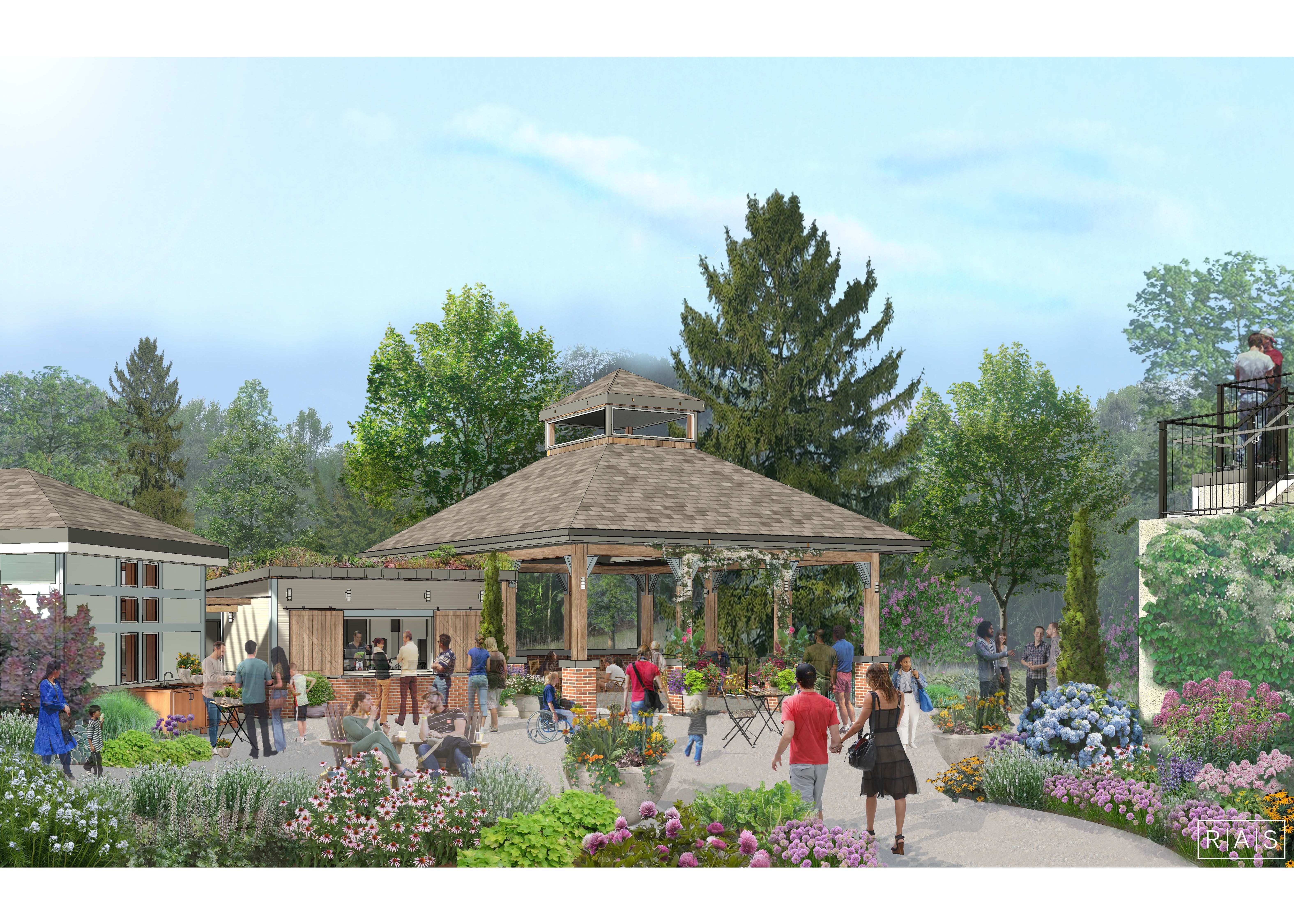 Rendering of a lively park plaza with a central wooden pavilion, green trees, and colorful flowers; people gather at seating areas while a balcony with two figures appears on the right.