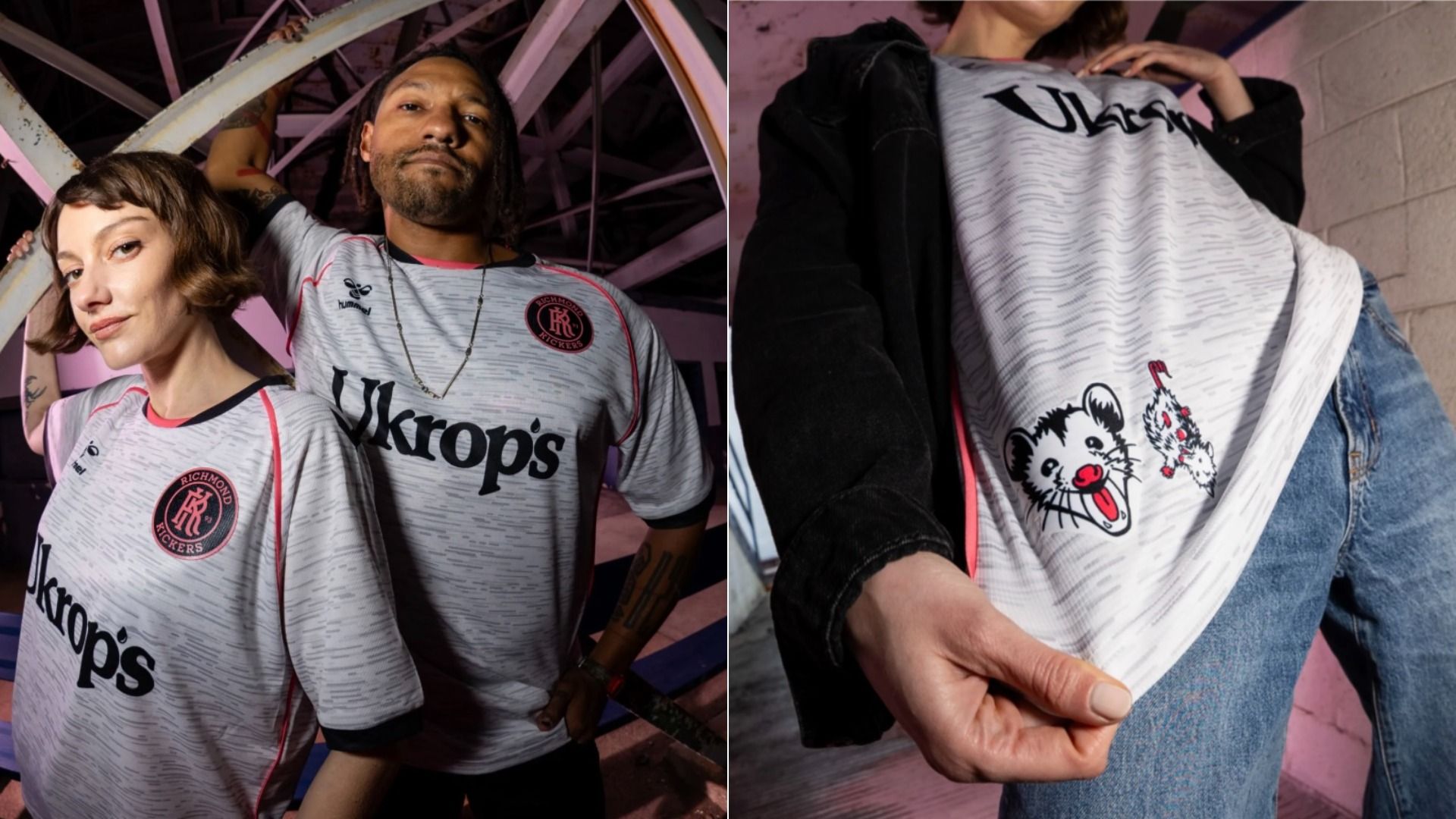 Two people wear matching light-gray Richmond Kickers jerseys with Ukrop's sponsor; a woman in front and a man with dreadlocks pose in a pink setting. The right panel shows cartoon mascots on jersey.