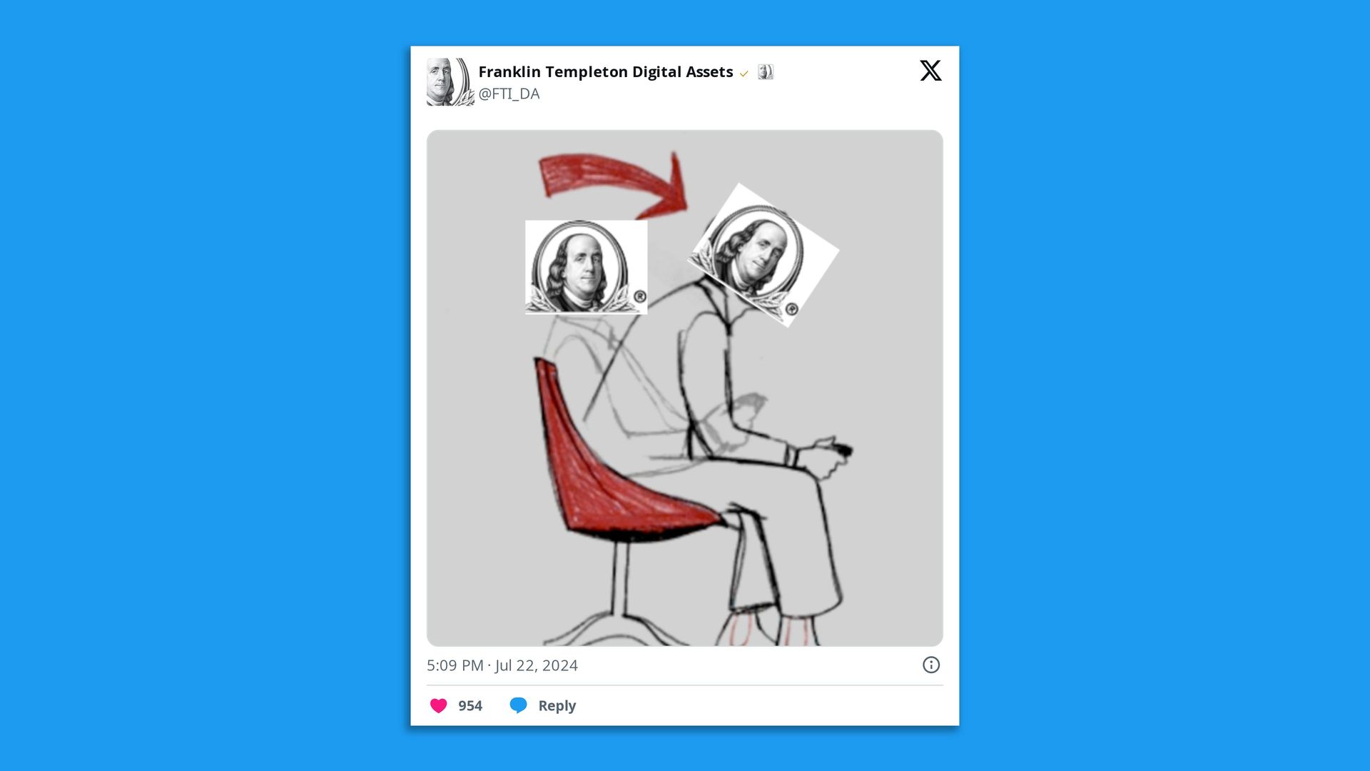 A cartoon illustration of a man in motion, sitting up in his chair in a echo of Roaring Kitty's famous return tweet