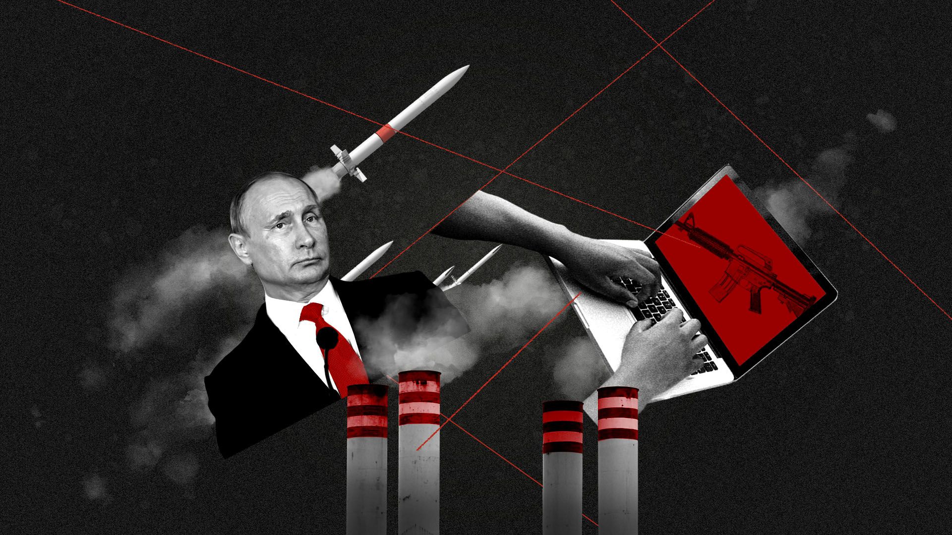 Illustration of multiple global threats including Vladimir Putin, missiles, cyber terrorism, gun violence, and polluting smoke stacks