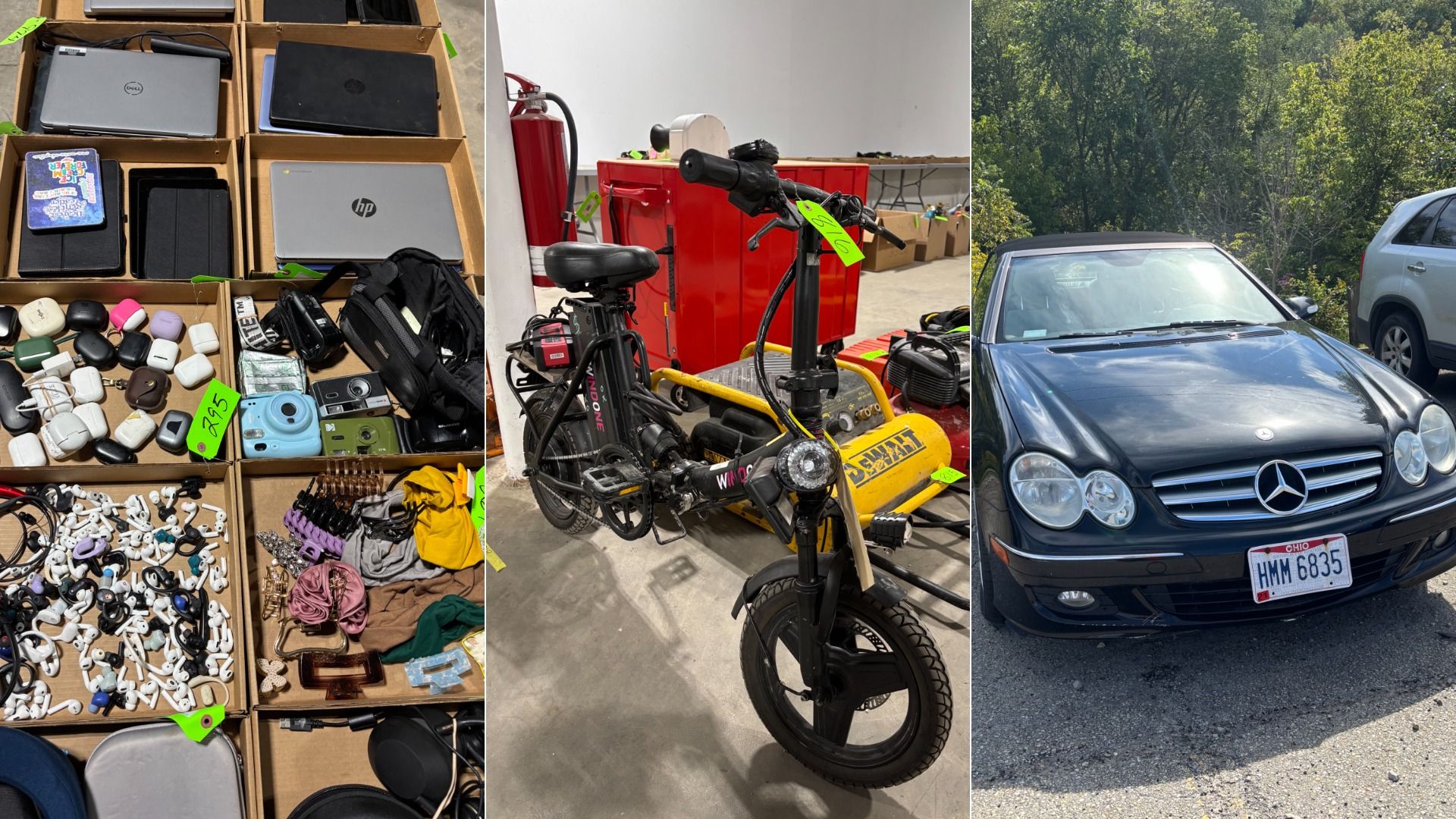Collage of three: left shows open boxes with laptops (HP) and gadgets; middle has a folding bike beside a red tool chest and a yellow DeWalt air compressor; right features a black Mercedes with Ohio plate HMM 6835 parked by trees.