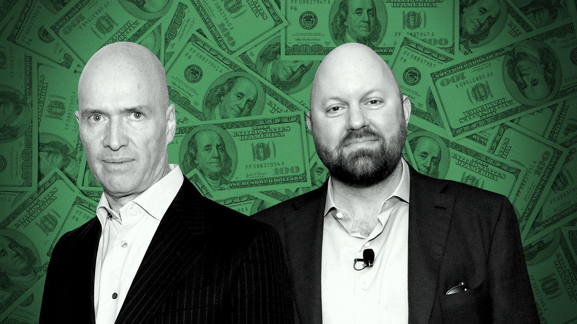 Photo illustration of Ben Horowitz and Marc Andreessen on a background of money
