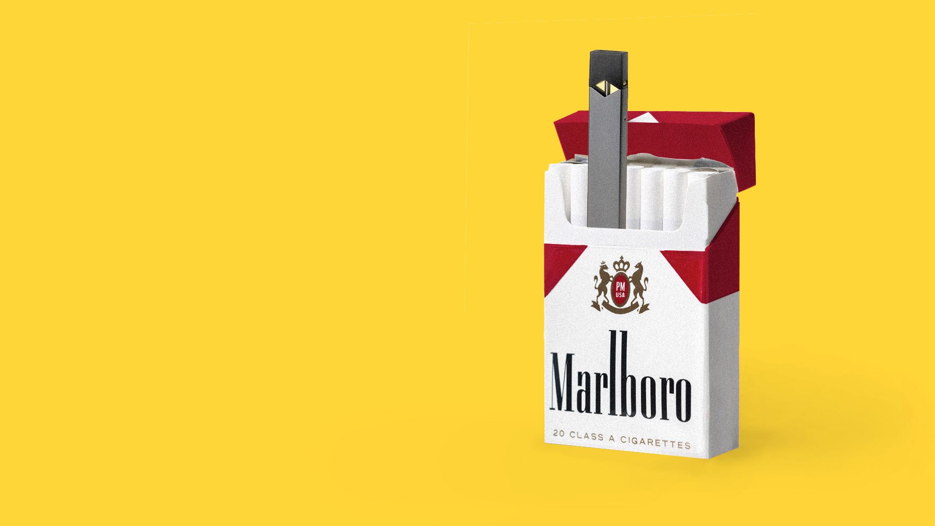 Illustration of Juul vape in a pack of Marlboro cigarettes.