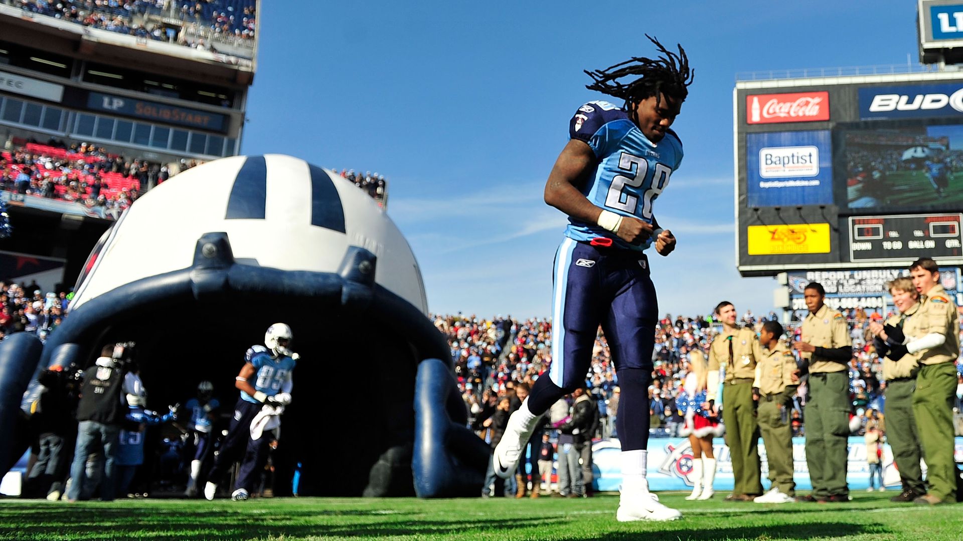 Titans star Chris Johnson taking the field prior to a game in 2011.