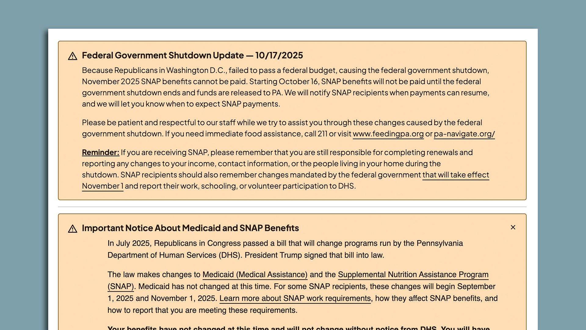 A screenshot of warning windows on the Pennsylvania Department of Human Services website