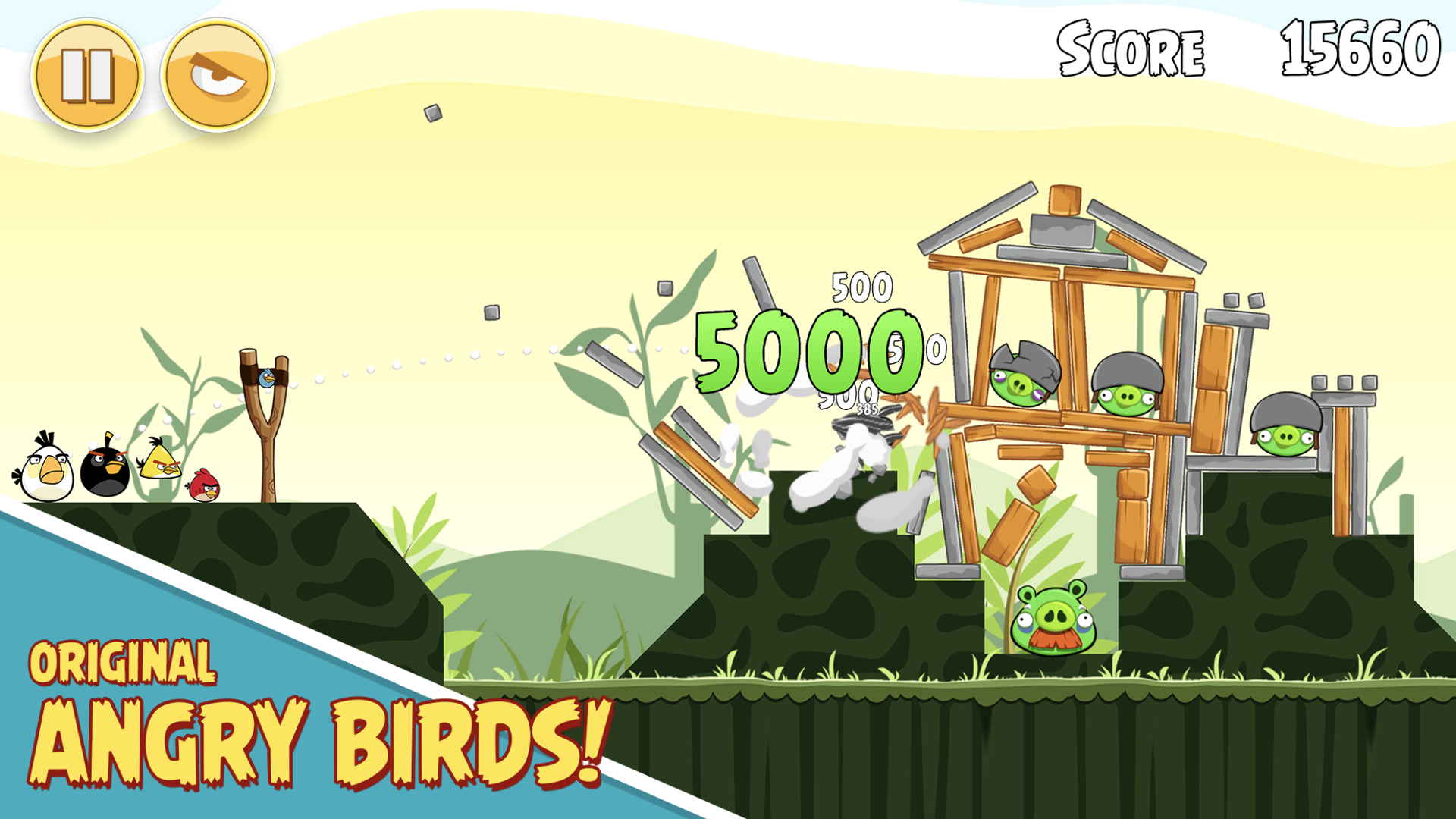 Video game screenshot of a classic Angry Birds video game with a banner that states: "Original Angry Birds!"