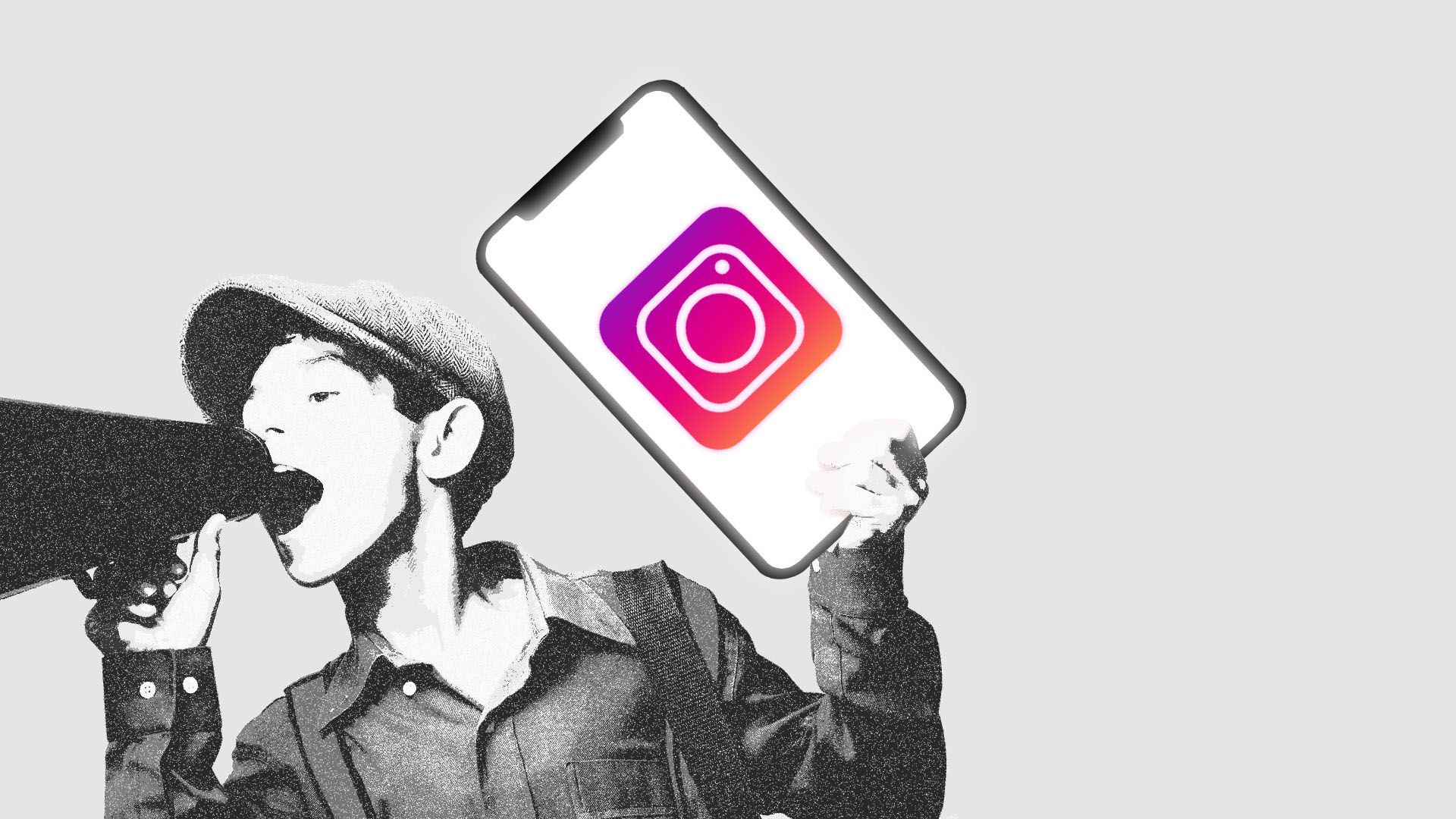 Illustration of newsie hawking an big iphone with an Instagram icon on it