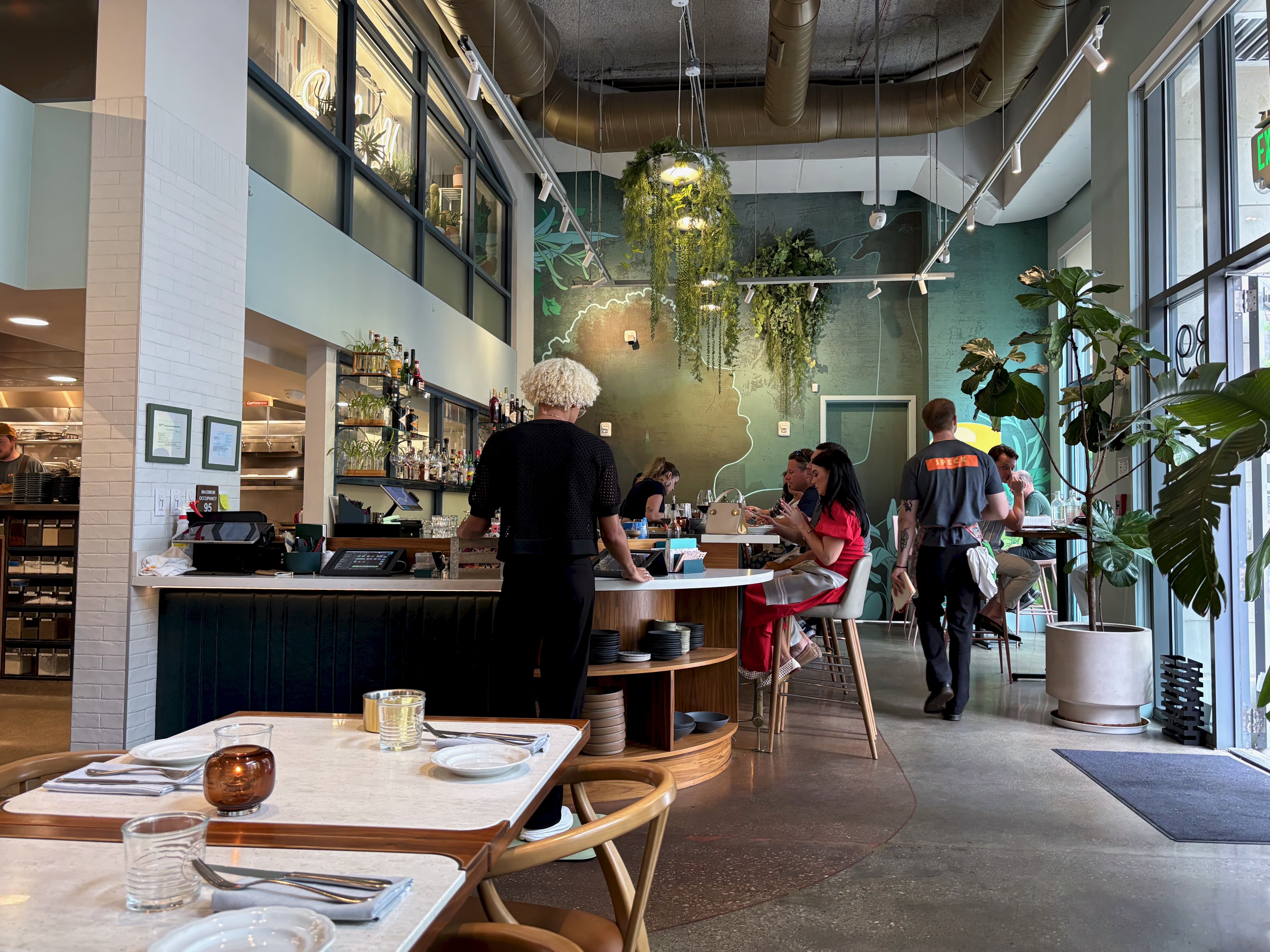 The interior of Speck near the front door, with a bar, green walls and lots of plants