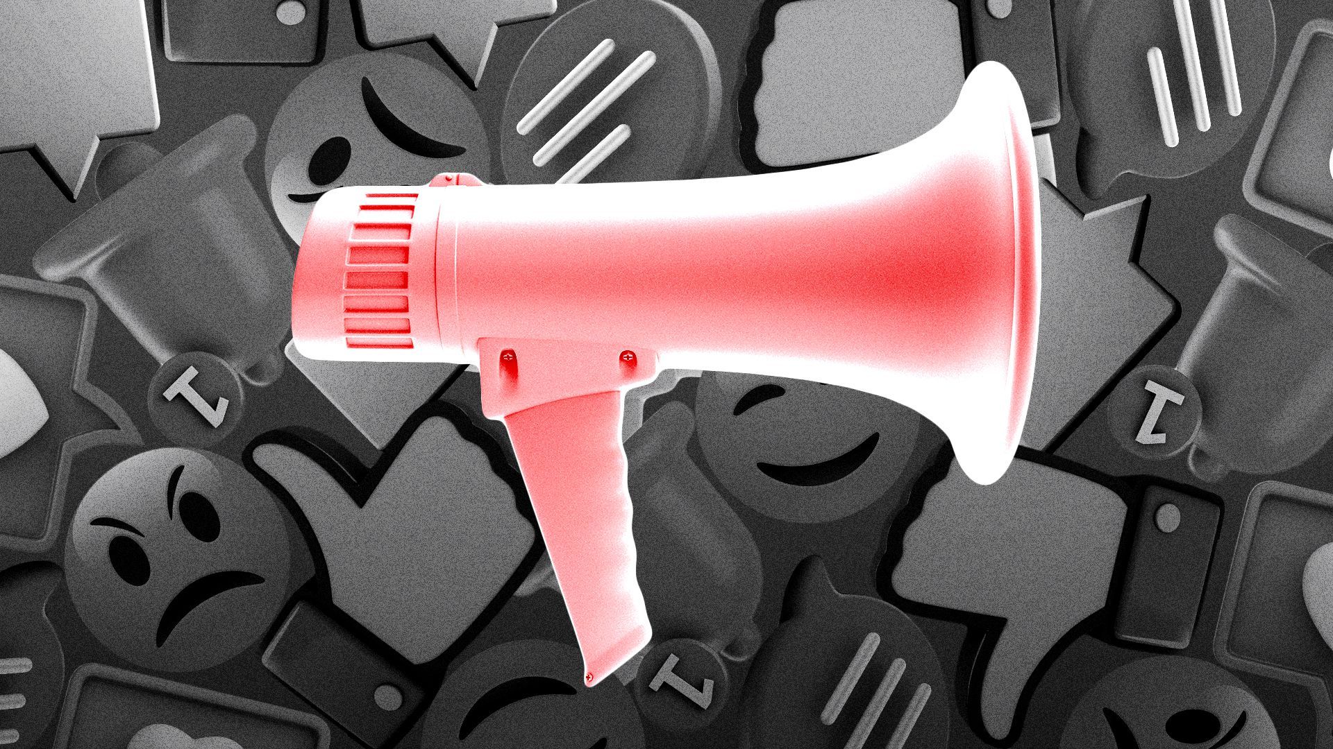 Illustration of a megaphone in front of a busy patterned background showing emojis, social media notification, and text windows