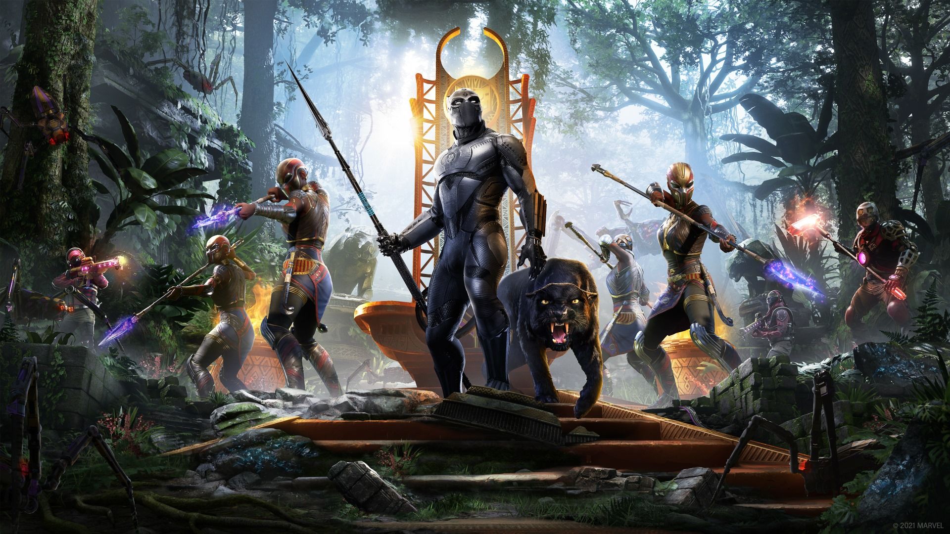 A painting showing an assembly of Wakandan warriors and Black Panther