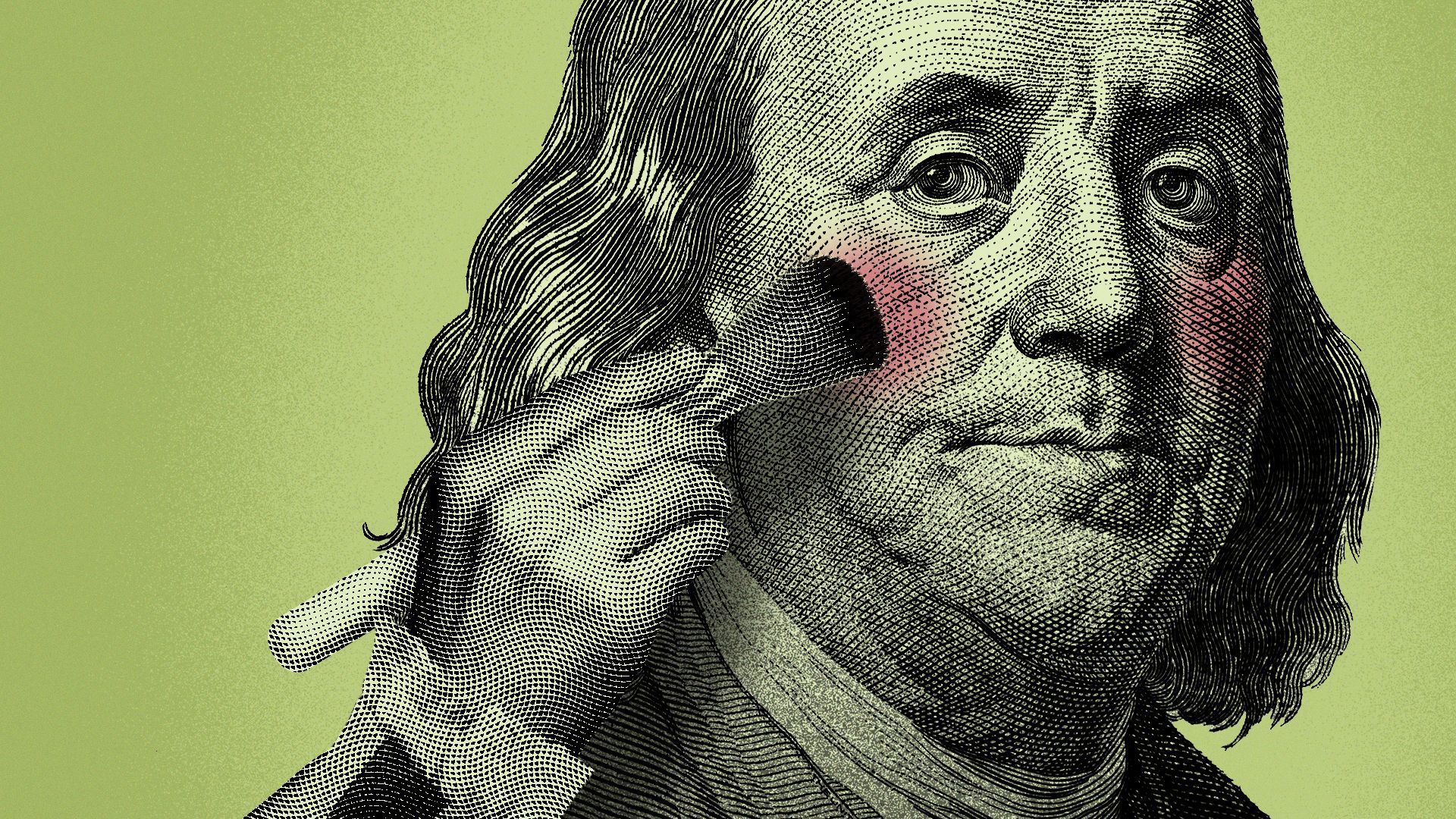 Illustration of Ben Franklin putting on blush.