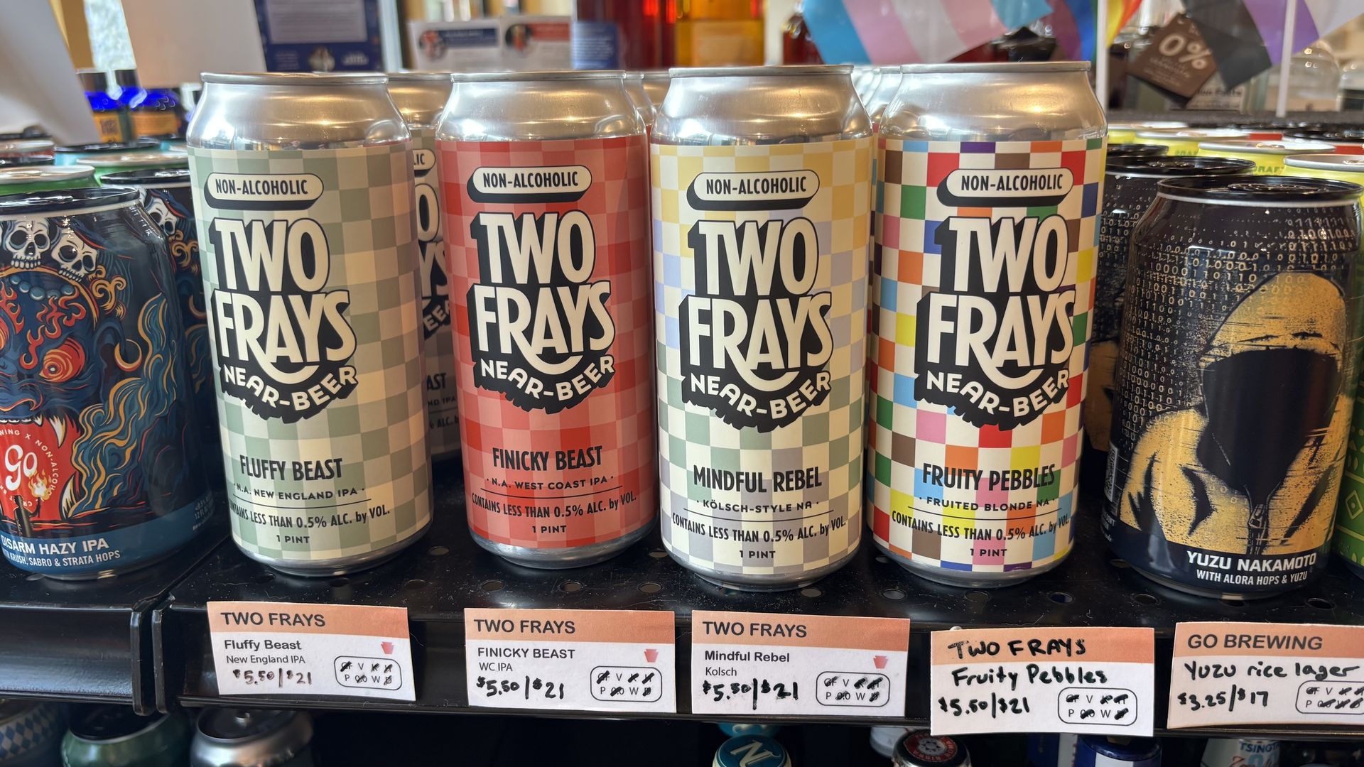 Two Frays nonalcoholic beers at Open Road bottle shop in Pittsburgh