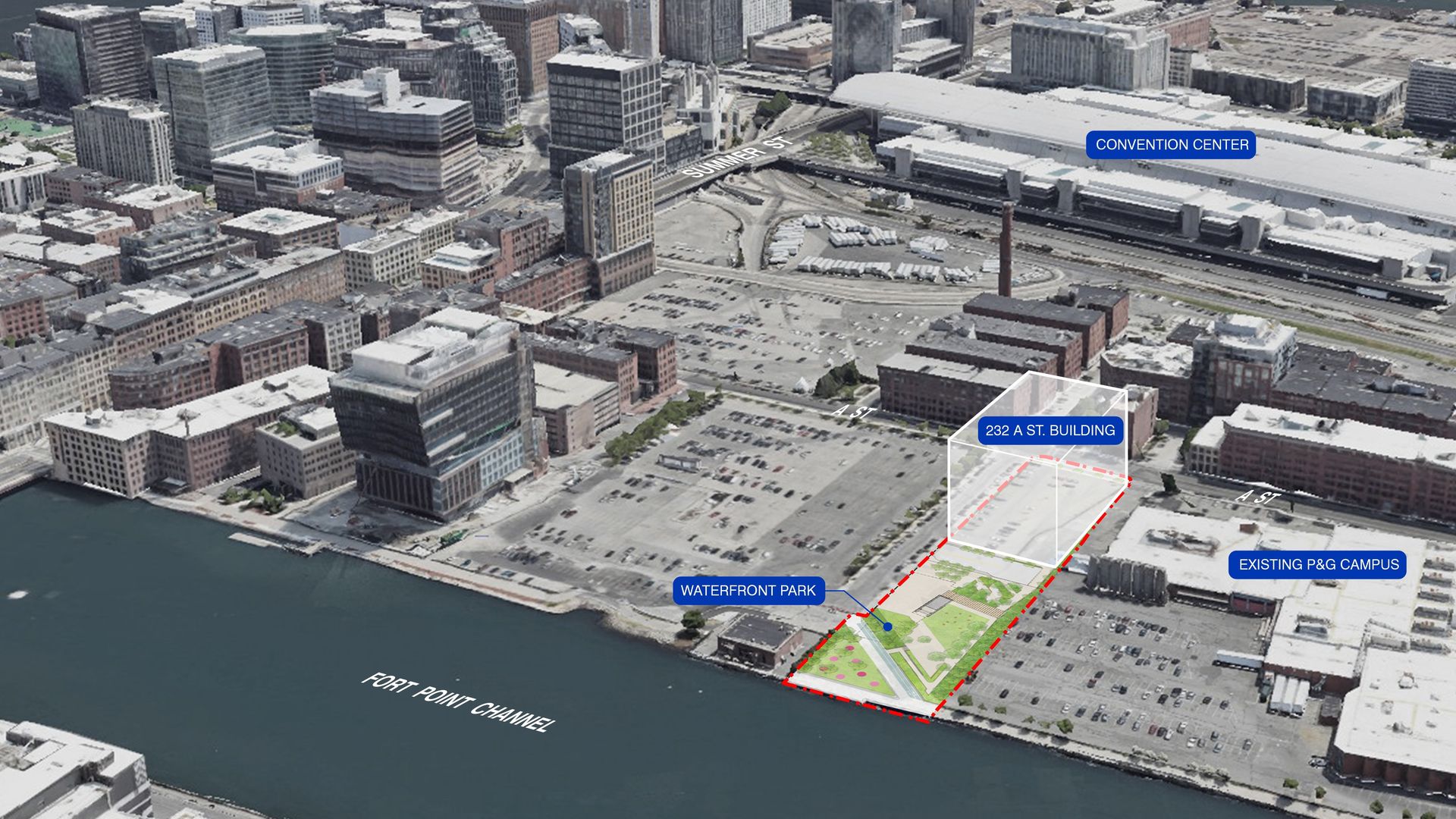 Aerial view of a dense downtown waterfront by Fort Point Channel. The marked site includes the 232 A St Building (white box), Waterfront Park, and nearby Existing P&G Campus and Convention Center; blue labels and a red dashed boundary.