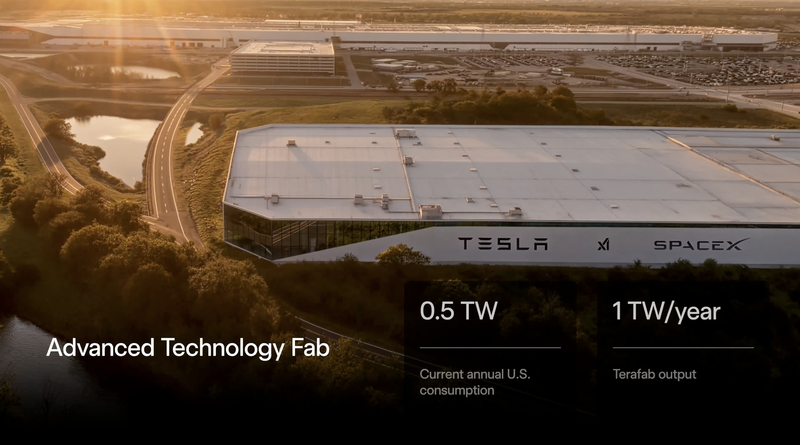 Rendering of a huge chip plant Musk plans for the Austin area. Screenshot: Terafab