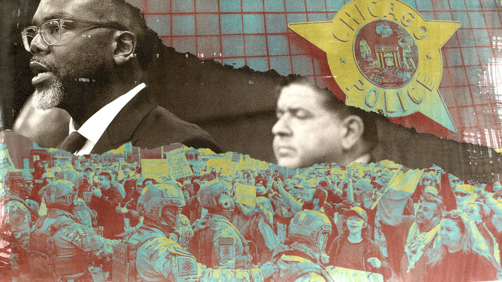 Photo illustration of Illinois Gov. JB Pritzker and Chicago Mayor Brandon Johnson with activists confronting federal police and The Chicago Police Department logo in the foreground 