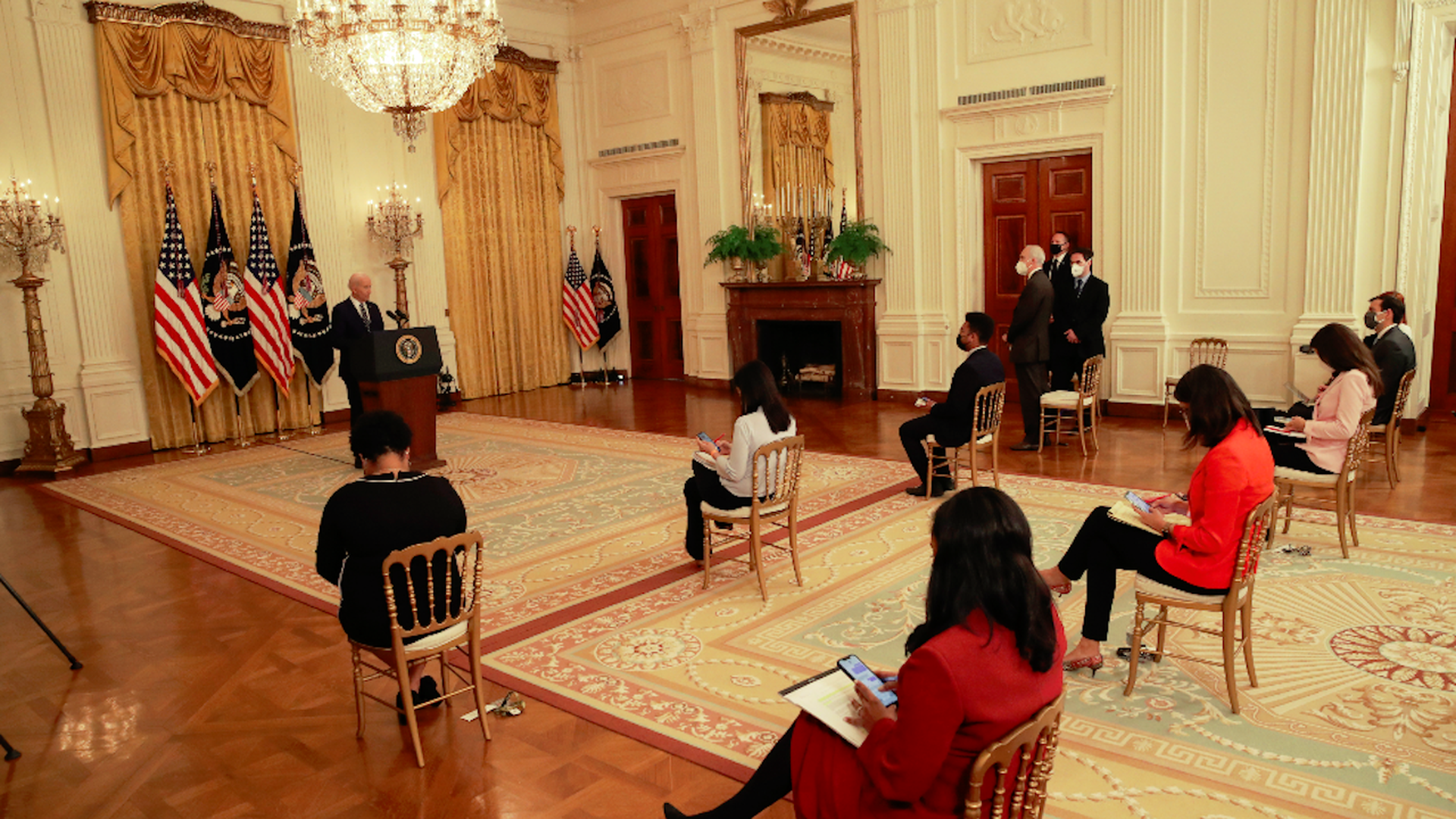 President Biden holds his first formal news conference as president in the East Room of the White House.