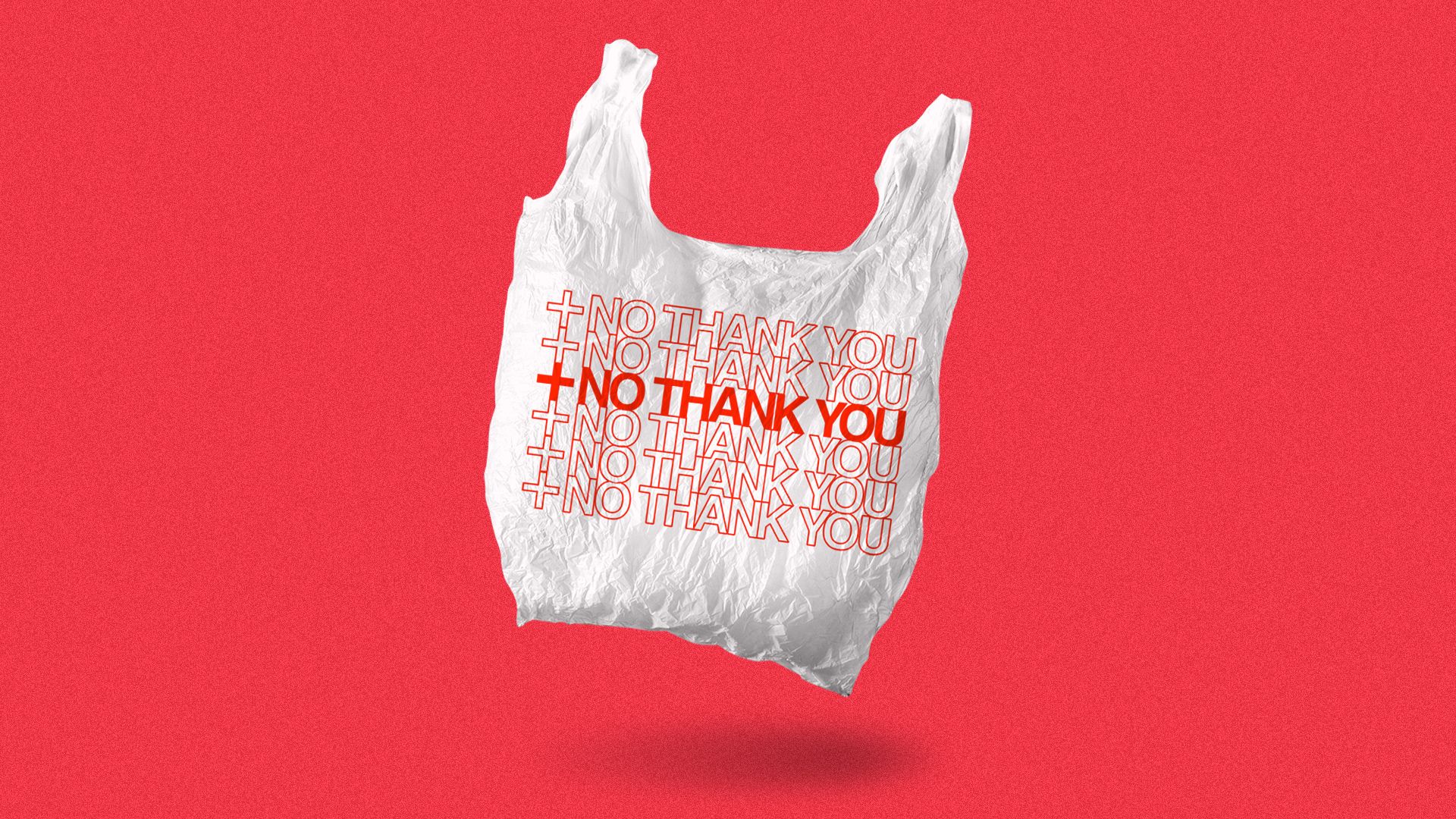 Illustration of a plastic bag with "NO THANK YOU" printed multiple times on it alongside a health plus. 