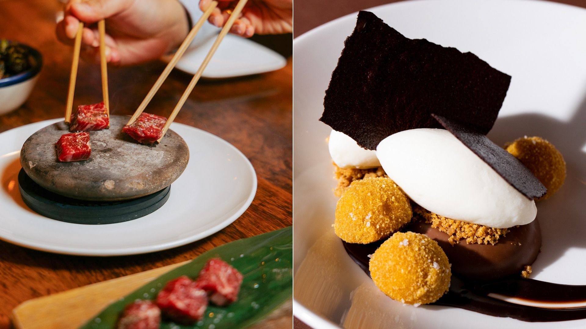 Two-panel food collage: left shows hands with chopsticks placing small raw beef cubes on a hot stone; right shows a plated dessert with white quenelle, a dark chocolate shard, and golden spheres.