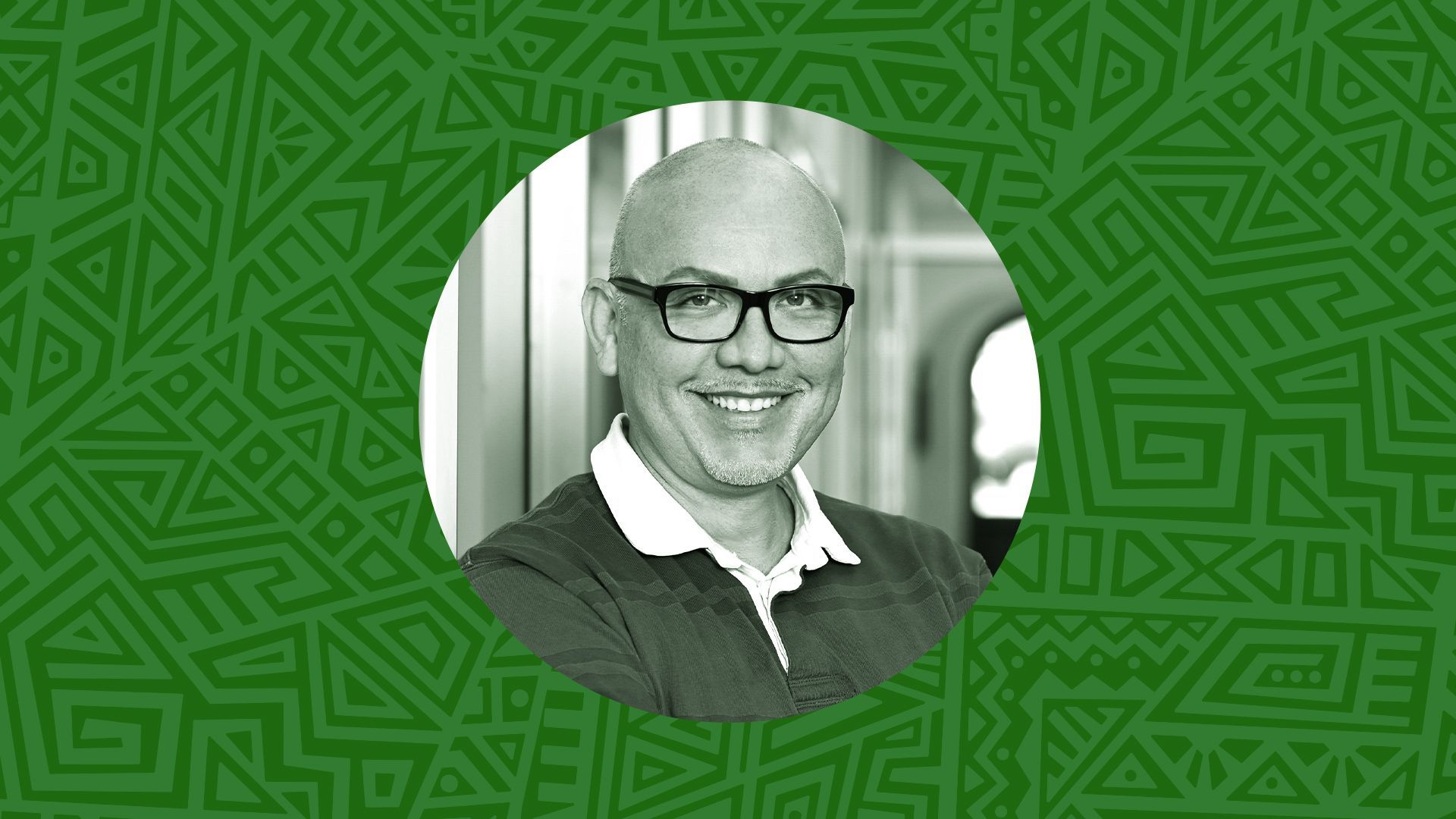 Photo illustration of Marco Antonio Gonzalez surrounded by a colorful abstract pattern. 