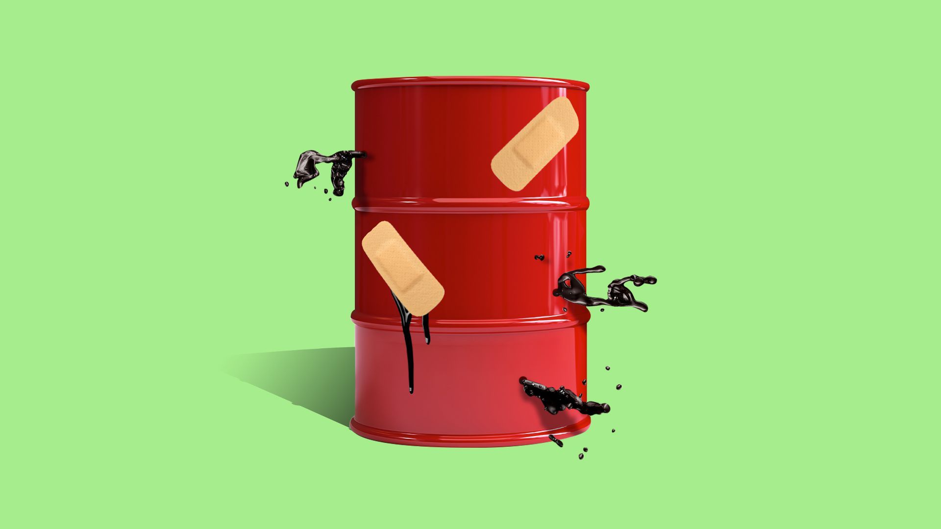 Illustration of a leaky oil barrel with band aids pasted randomly over leaking holes. 