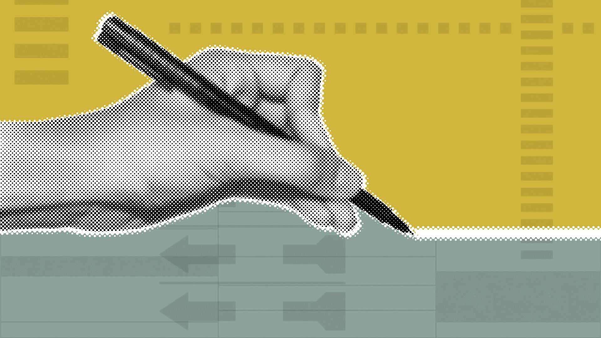 Illustration of a hand holding a pen with abstract ballot elements in the background.