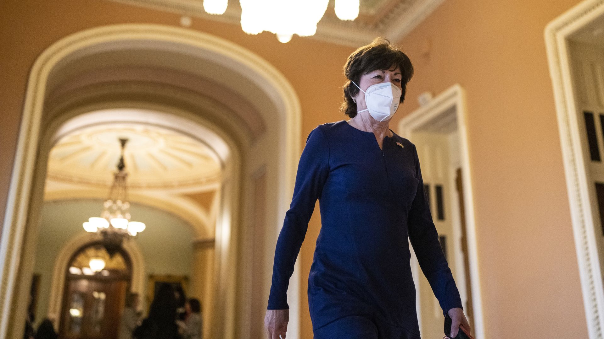 Susan Collins (R-ME) exits the Senate Chamber at the U.S. Capitol on April 7