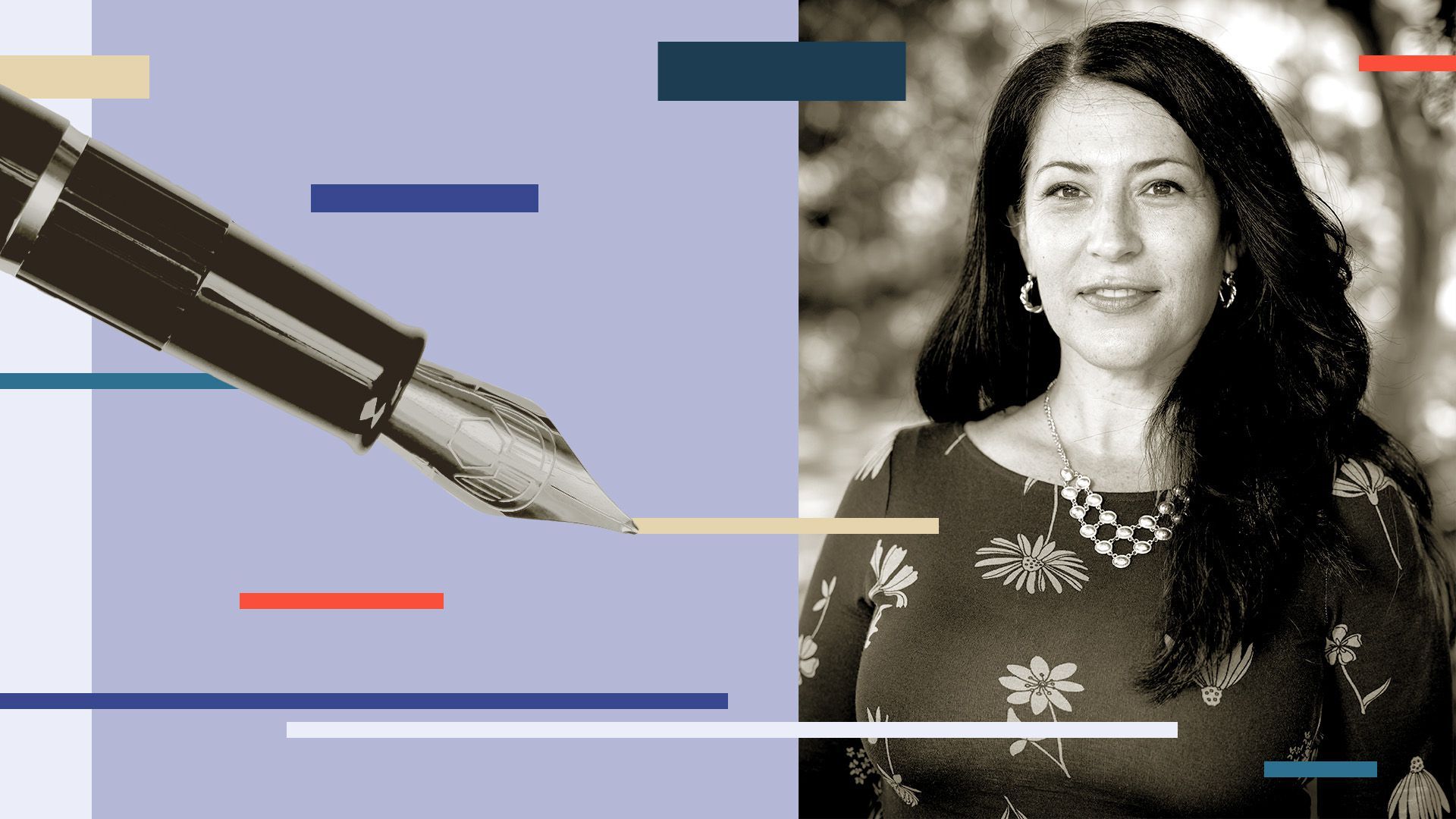 Photo illustration of Ada Limón with a fountain pen and abstract shapes.