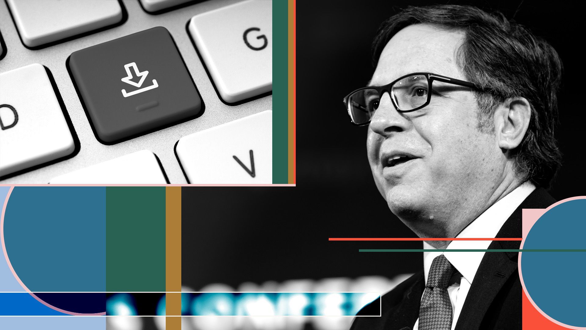 Photo illustration of head of NTIA Alan Davidson with a keyboard and various shapes