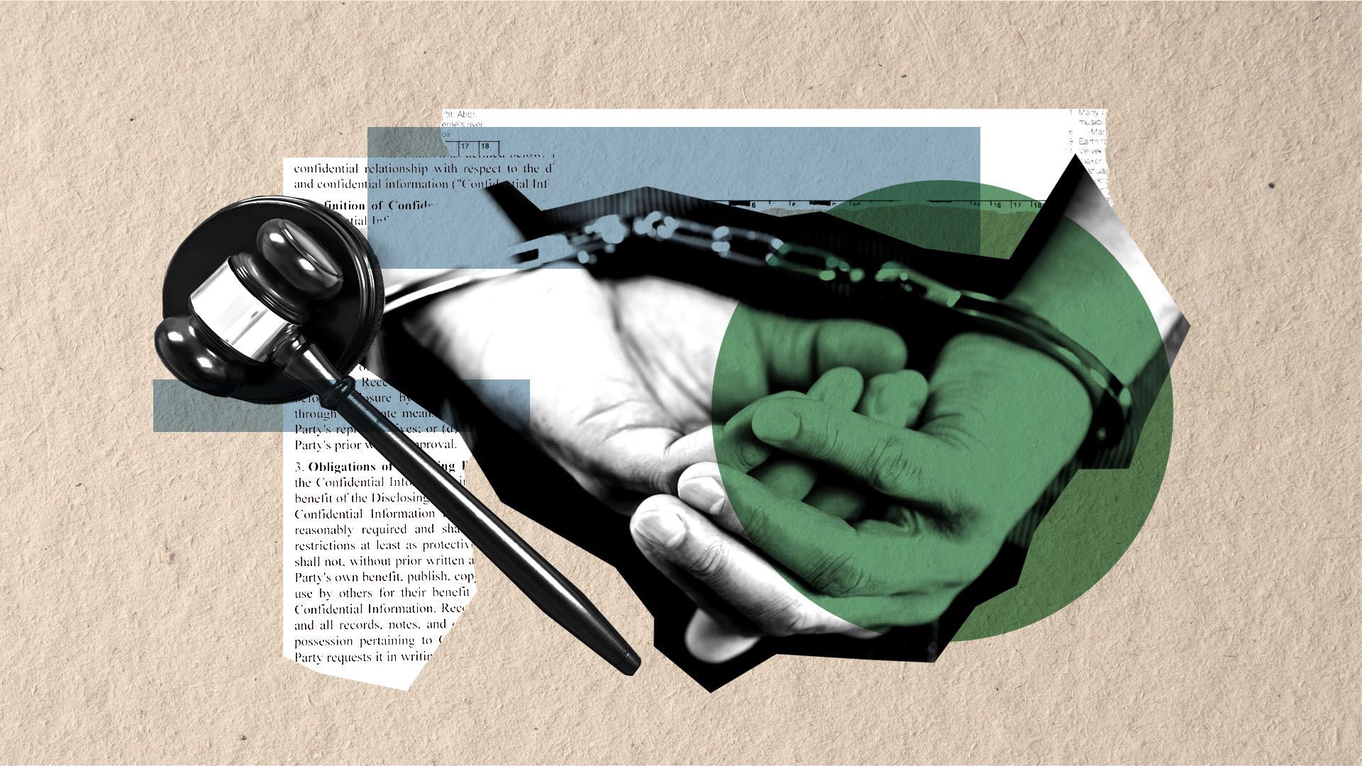 Illustrated collage of a hand in handcuffs, a judge's gavel, and pieces of paper surrounded by various shape