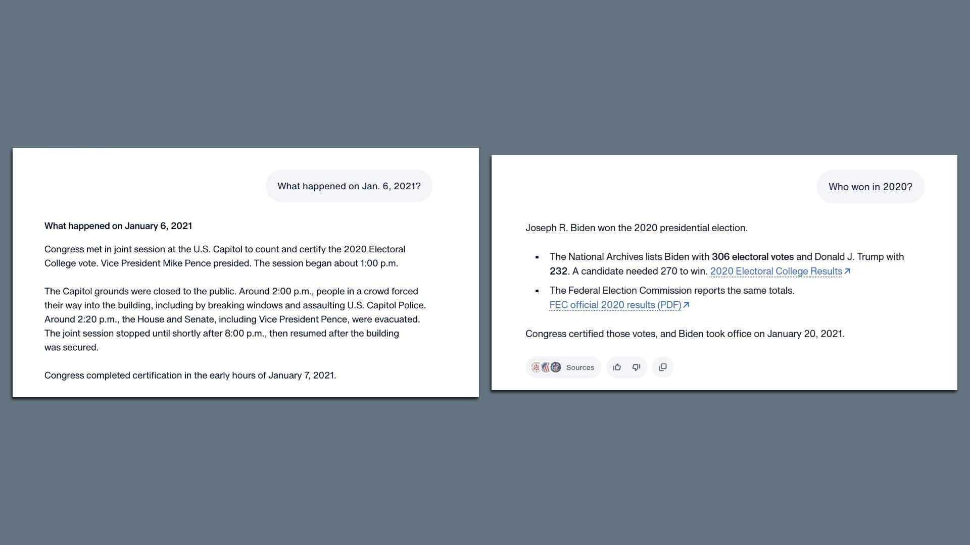 Two white slides on a dark blue-gray background. Left: "What happened on January 6, 2021" about Capitol events and evacuation. Right: "Who won in 2020?" noting Biden won 306 electoral votes and inauguration on Jan 20, 2021.