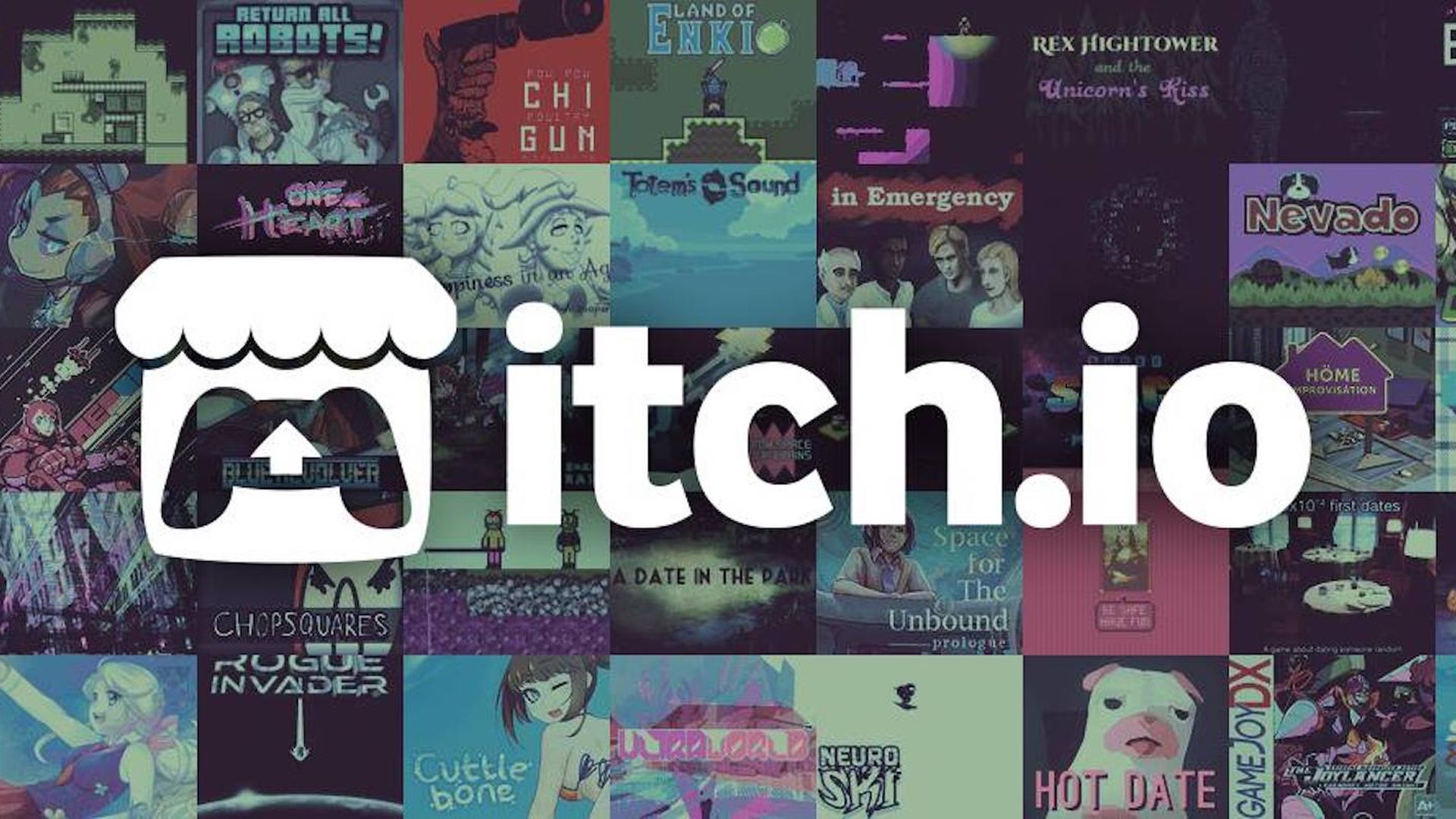 The itch.io logo in front of a collection of video game screenshots.