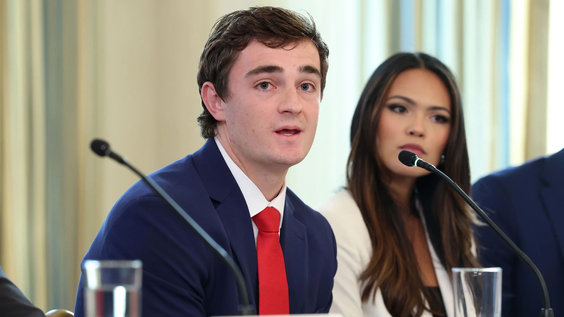  Independent journalist Nick Shirley speaks during a roundtable discussion in the State Dining Room of the White House on October 08, 2025 in Washington, DC. Trump's administration held the roundtable to discuss the anti-fascist Antifa movement after signing an executive 