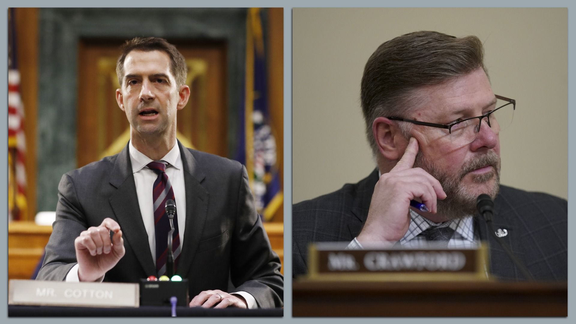 Side-by-side photos of Sen. Tom Cotton speaking and Rep. Rick Crawford listening during separate congressional hearings.