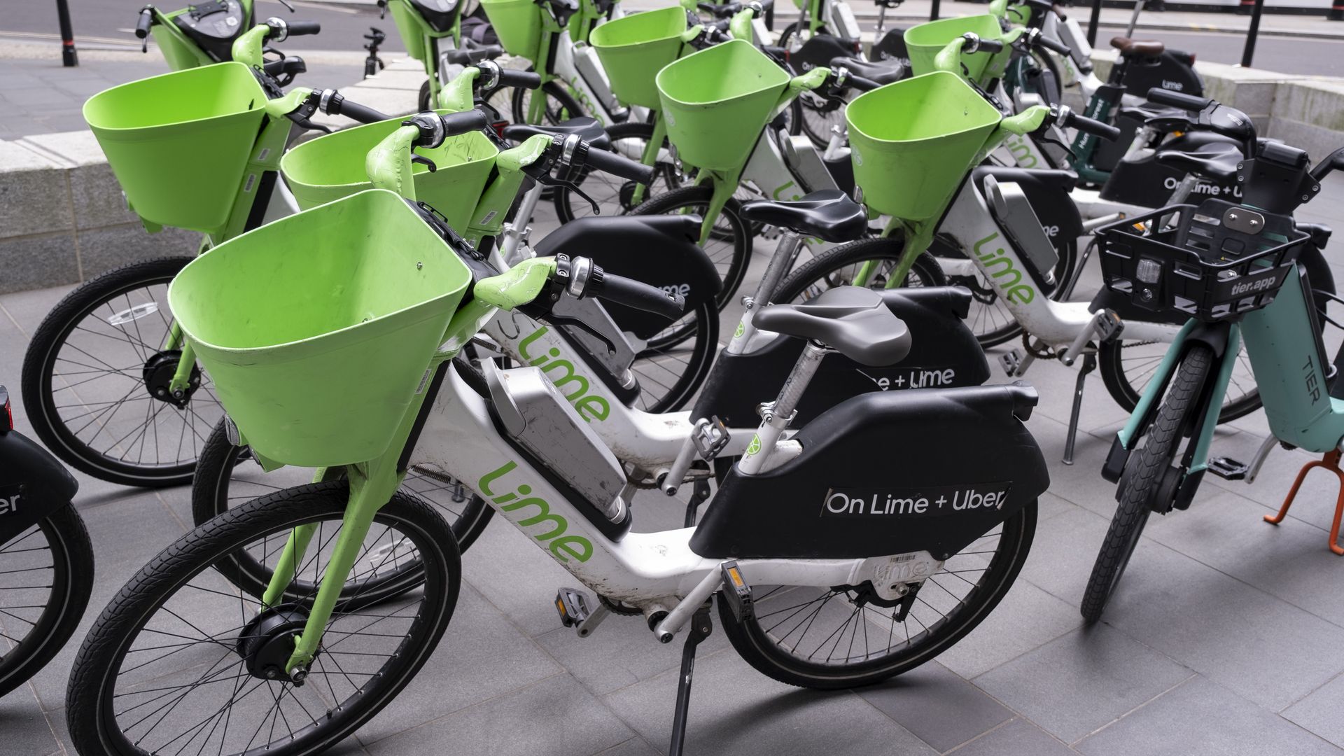 white and green lime e-bikes with green baskets