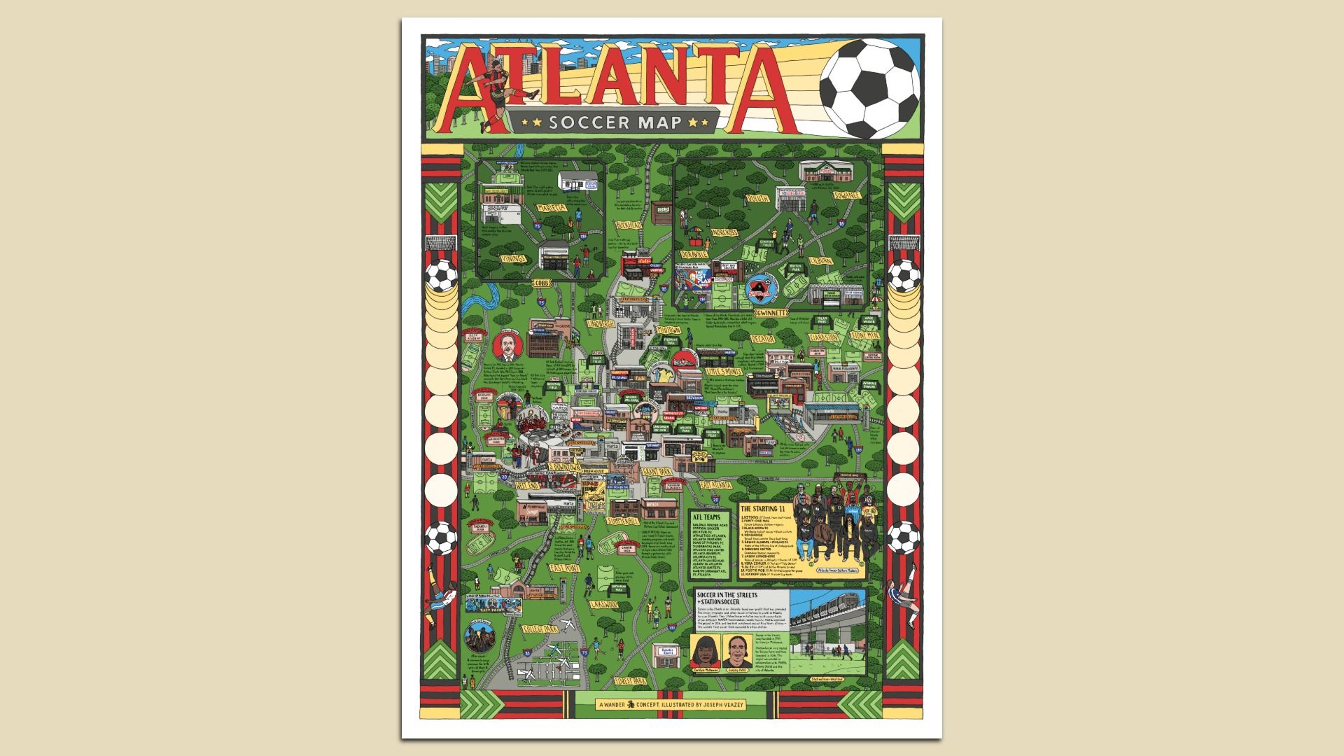 Colorful poster titled "Atlanta Soccer Map" featuring a large red "ATLANTA" header and a big soccer ball on the right, framing a detailed illustrated city map with labeled parks, streets, and activities.