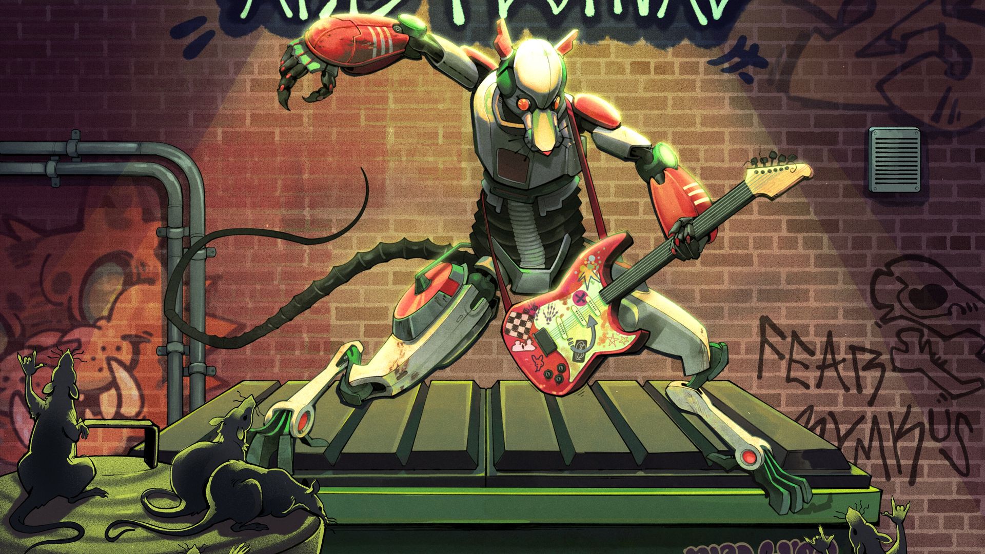 Poster for "Rat City Arts Festival" showing a robotic rat playing a decorated guitar on a dumpster stage at night, with real rats watching and graffiti on a brick wall.