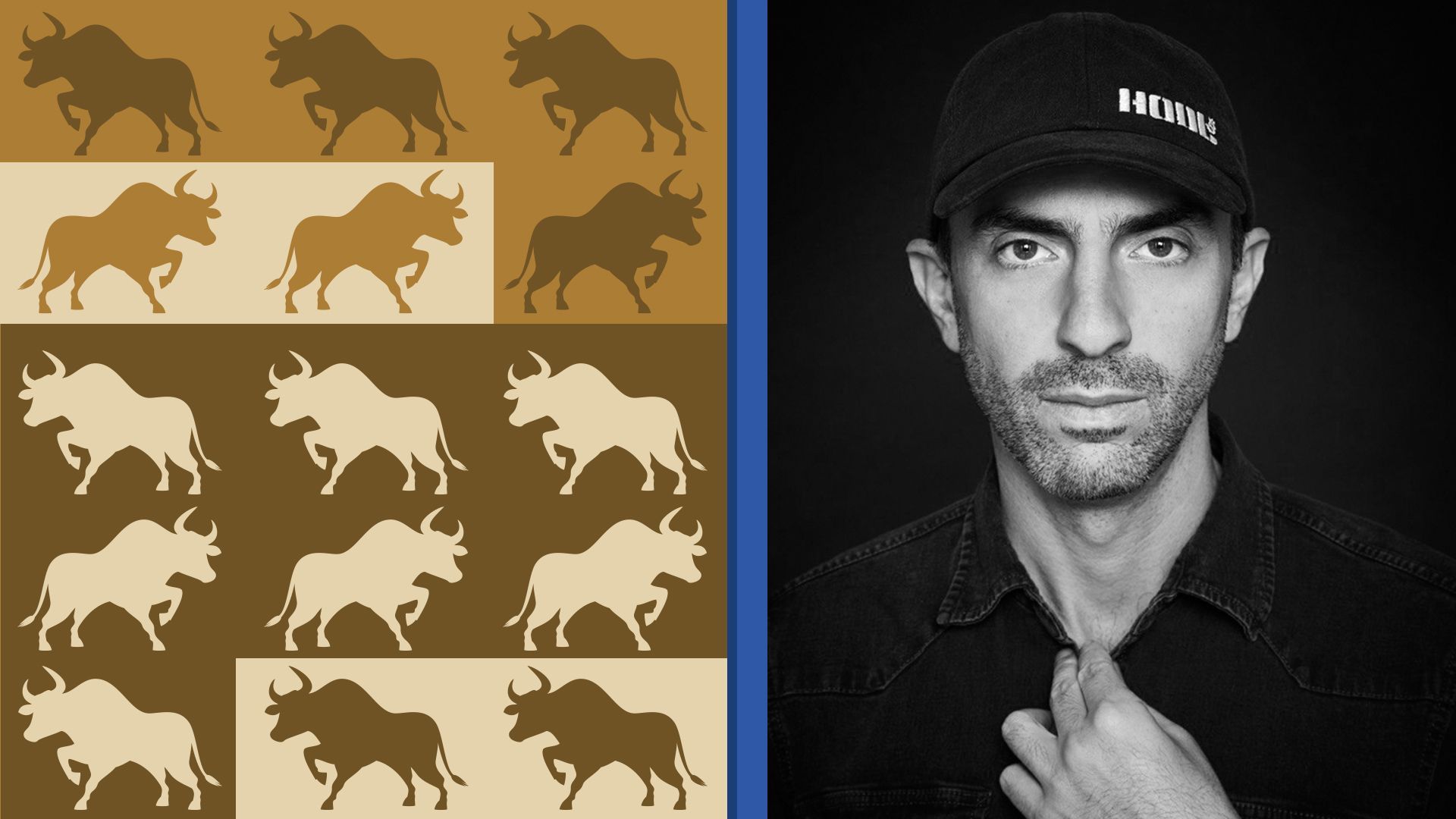 Photo illustration of Tone Vays surrounded by a bull pattern.