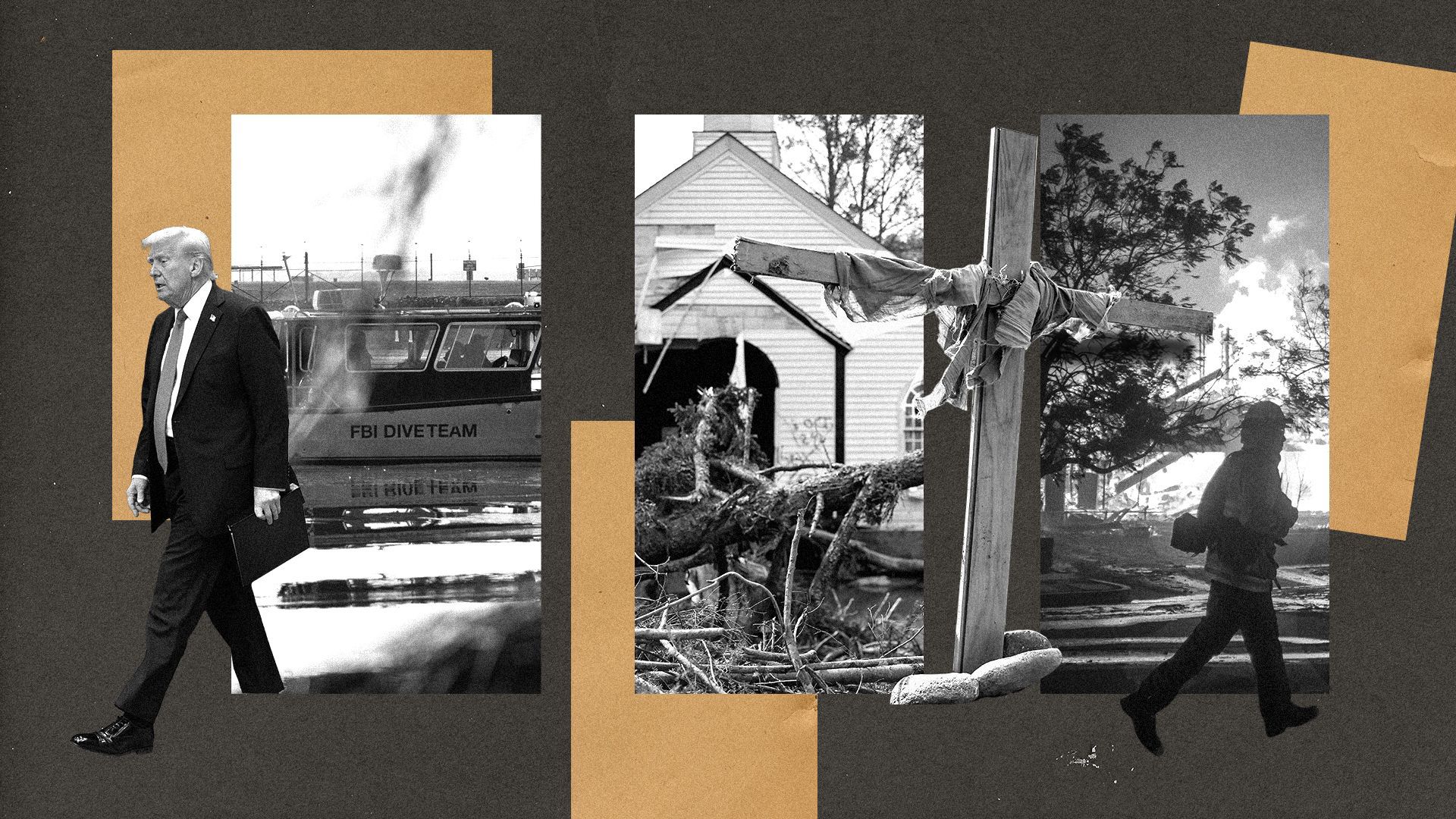 Photo illustration of Donald Trump  and scenes from the Potomac air disaster, Hurricane Helene, and the L.A. fires.