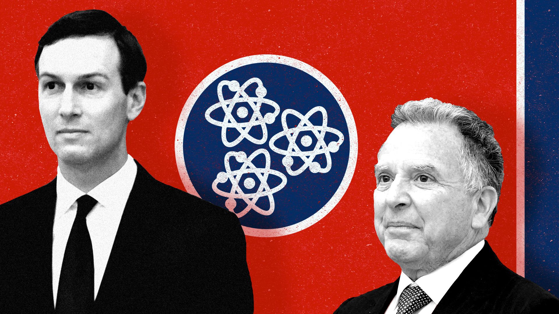 Photo illustration of Jared Kushner and Steve Witkoff in front of a Tennessee flag with the stars swapped out for atoms.