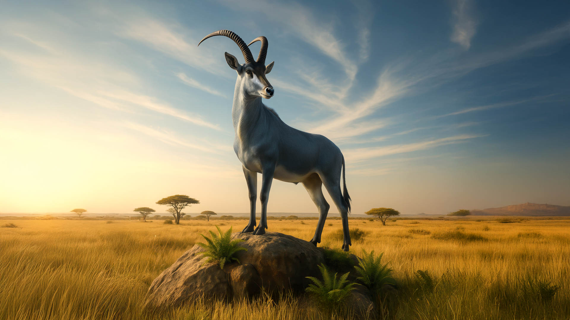 A blueish-gray member of the antelope family with long curved horns stands on a rock in a sunlit savanna; golden grasses, scattered trees, and a blue sky with wispy clouds.