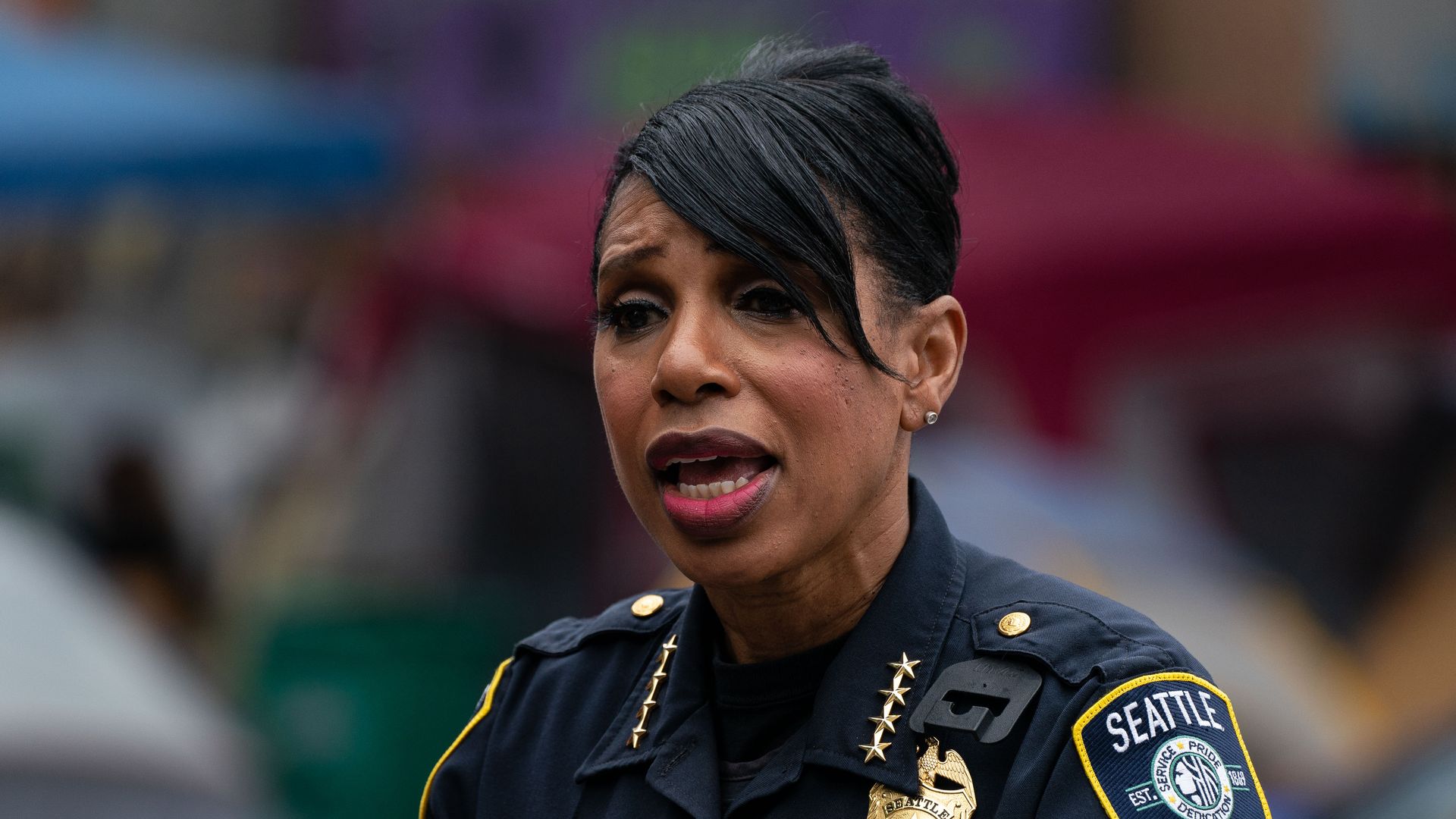 Then-Seattle police chief Carmen Best speaks outside the abandoned East Precinct in June 2020. Photo: David Ryder/Getty Images