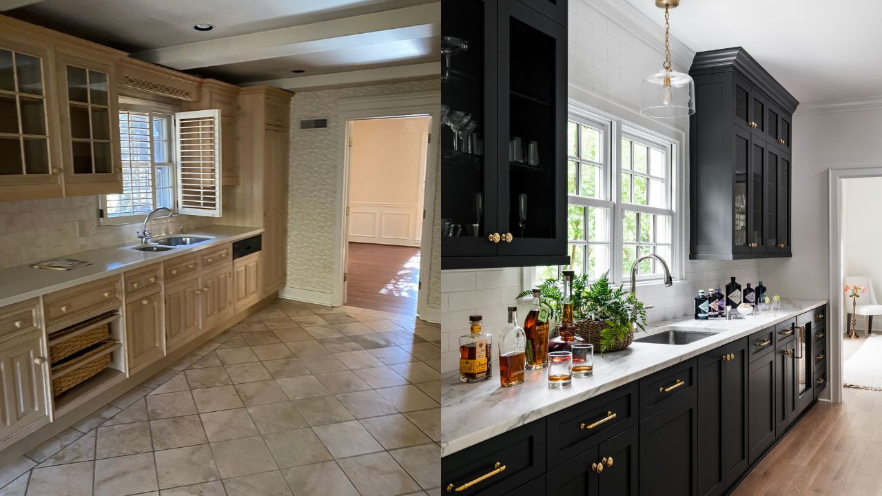 Side-by-side comparison of a kitchen before and after renovation; old beige cabinets and tile floor contrast with modern black cabinets, white marble countertop, and decorative bottles.