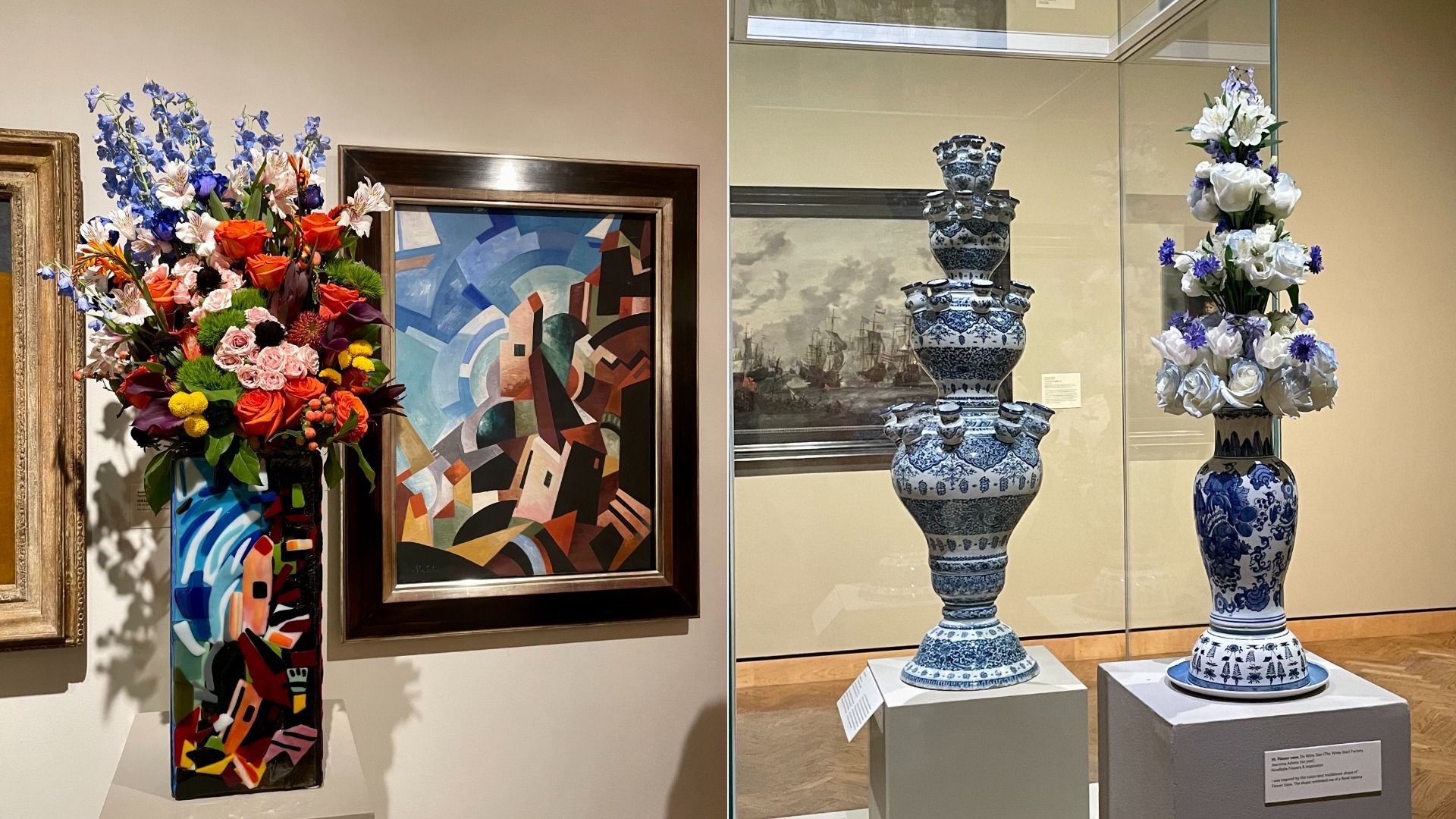 Floral installations next to a painting and a sculpture.