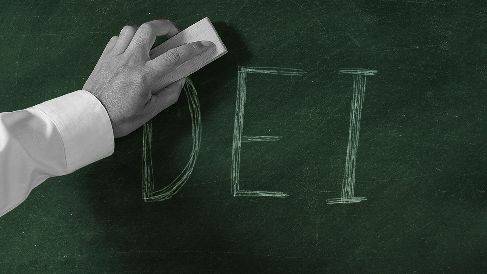 Illustration of a hand erasing the letters DEI from a chalkboard