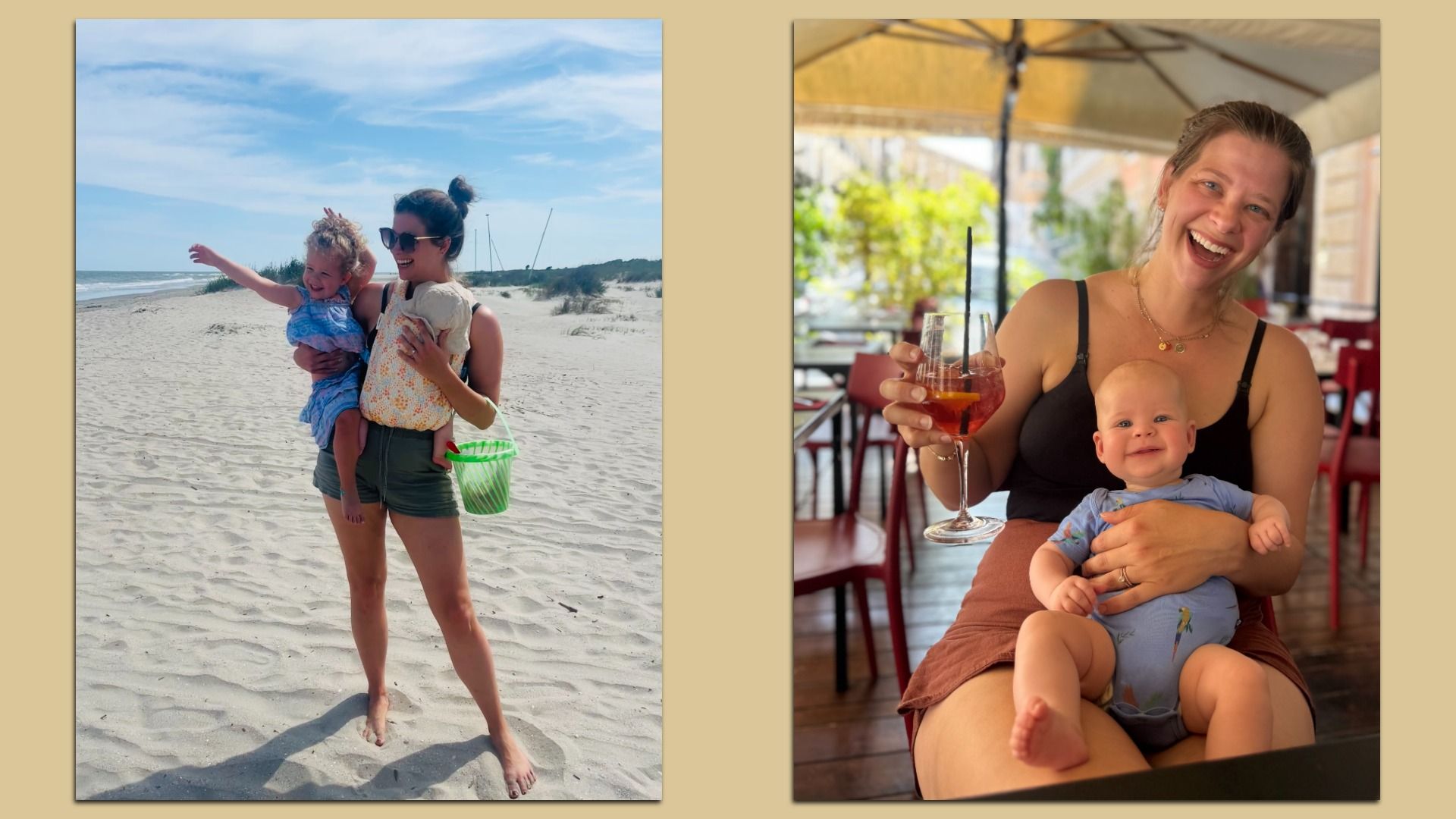 Two photos on a beige background: left a woman on a sandy beach holding two young children; right a smiling woman in a black tank top at a restaurant, holding a baby on her lap and a drink.